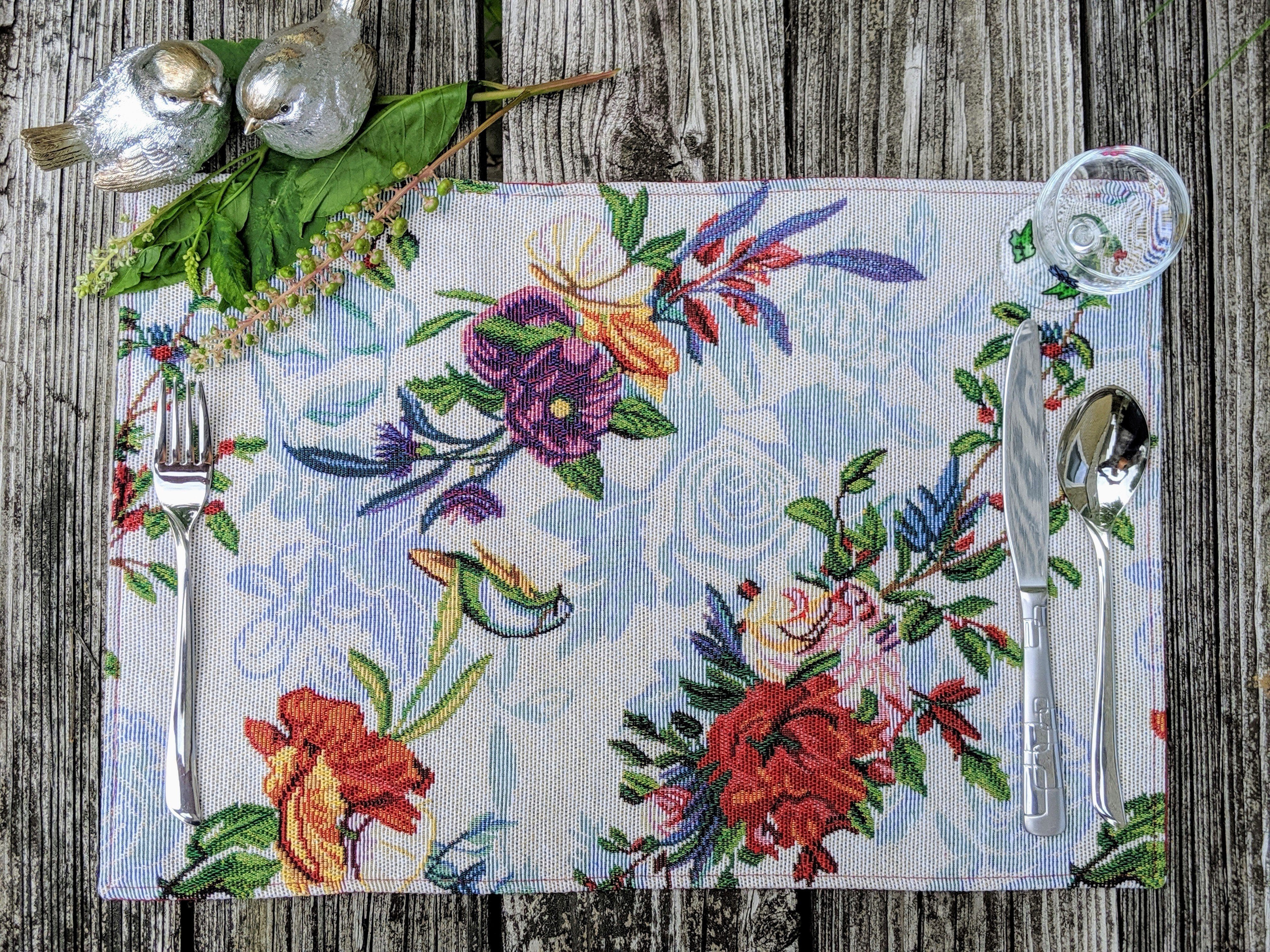Set of 4-Pieces Tropical Sky Blue Birds Floral Tapestry Dining Table Placemats 13" x 19" (18116)