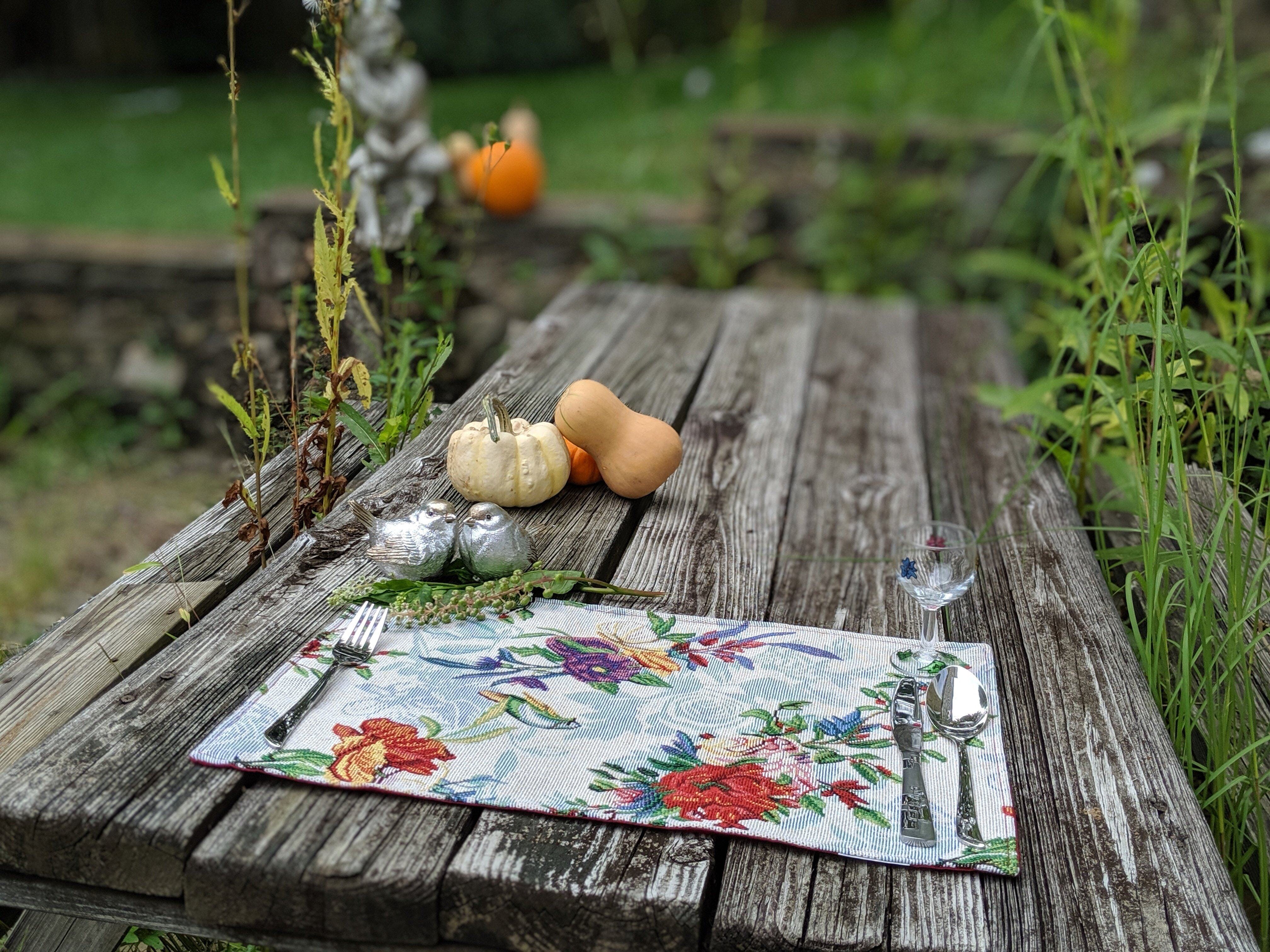 Set of 4-Pieces Tropical Sky Blue Birds Floral Tapestry Dining Table Placemats 13" x 19" (18116)