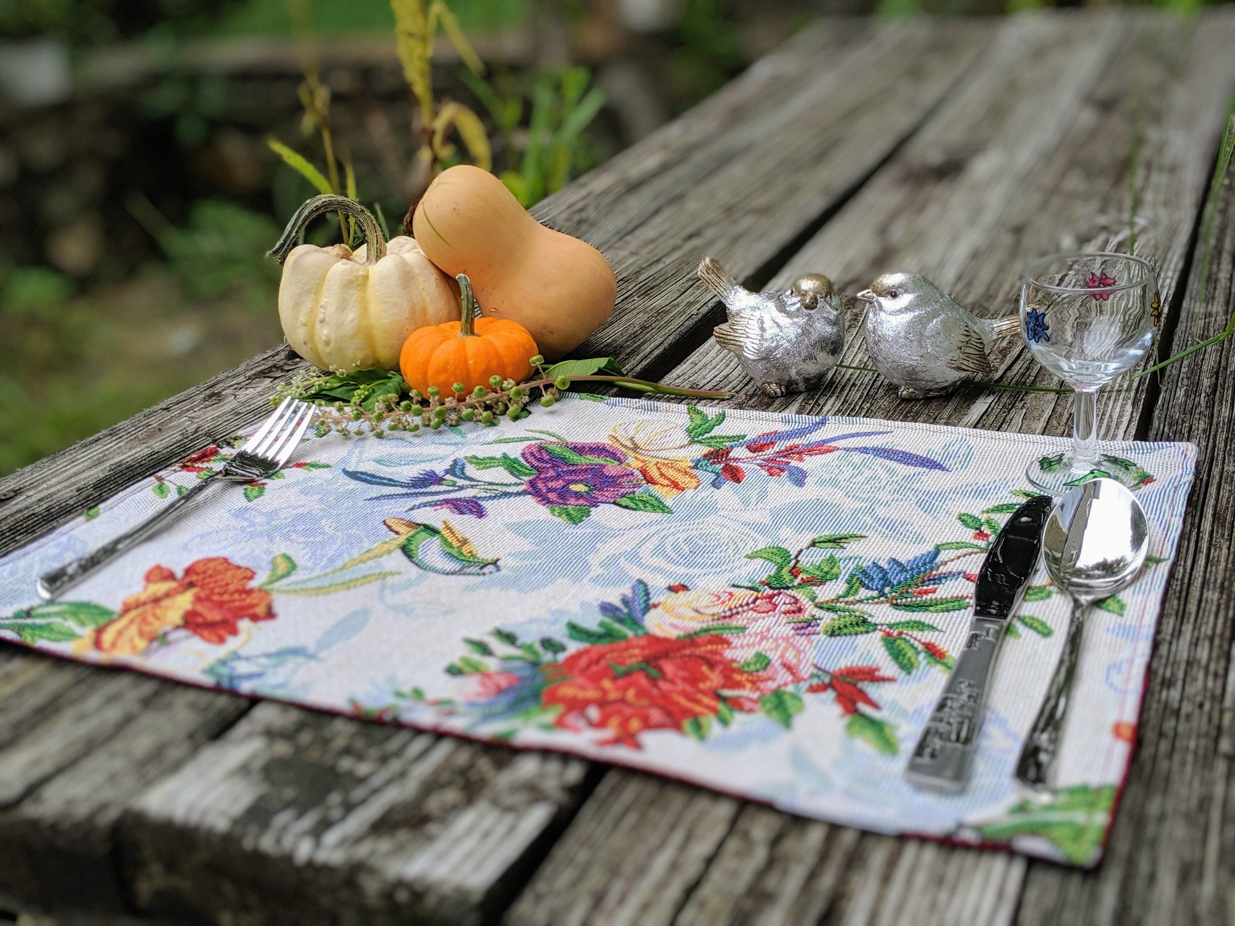 Set of 4-Pieces Tropical Sky Blue Birds Floral Tapestry Dining Table Placemats 13" x 19" (18116)