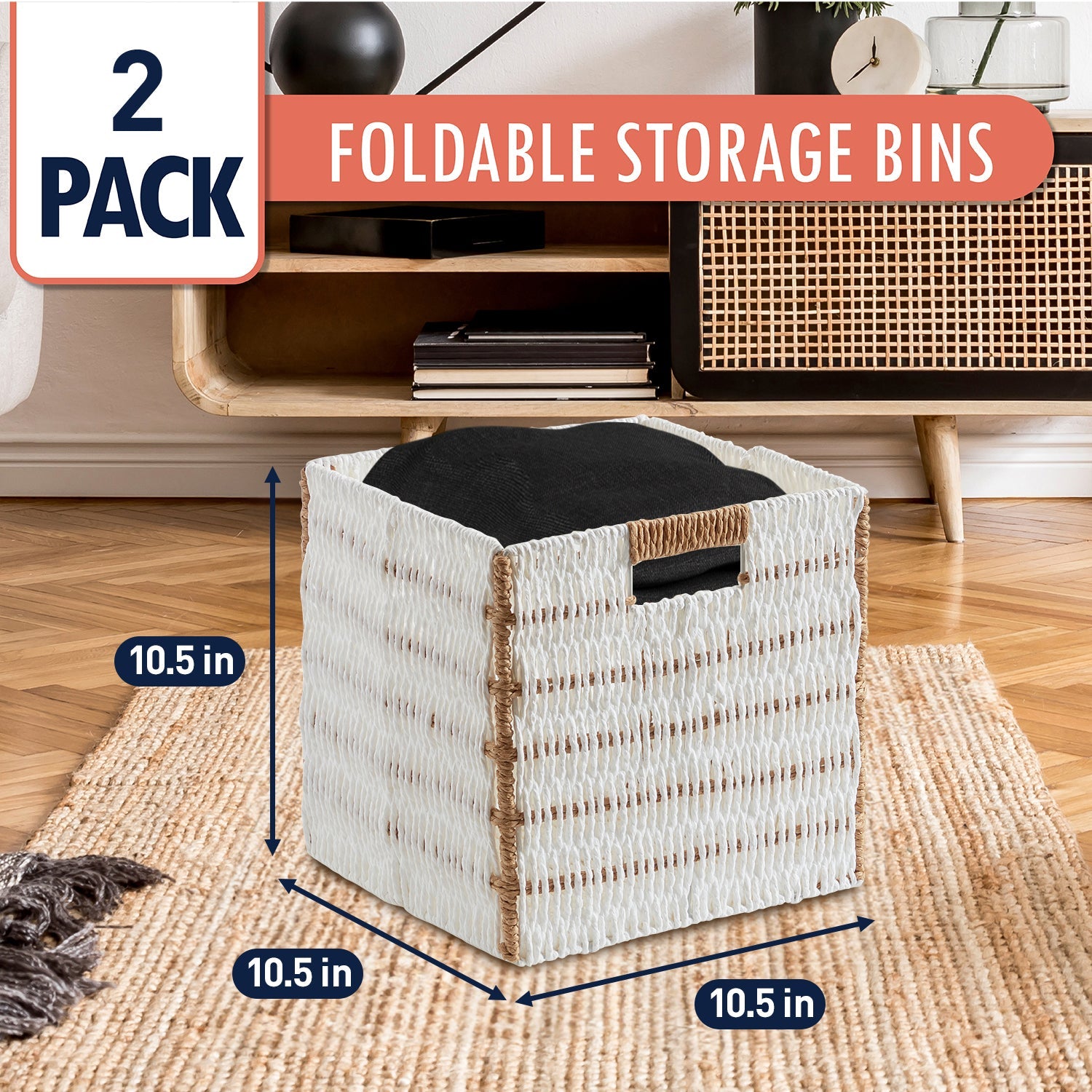 Foldable Paper Wicker Storage Shelf Basket Cube Bin with Handles - Set of 2