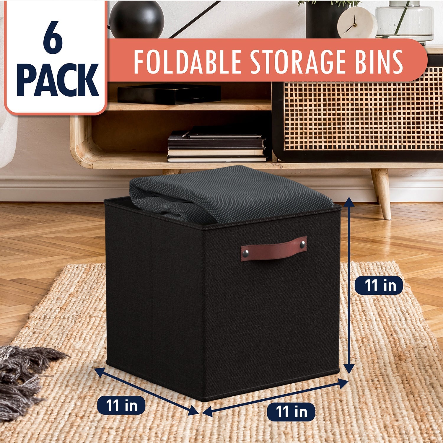 Foldable Linen Storage Cube Bin with Leather Handles - 11 Inch - Set of 6