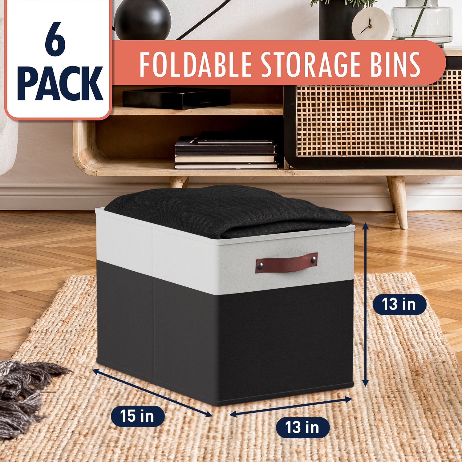Foldable Linen Kallax Storage Cube Bin with Leather Handles – 13x15x13 Inch - Set of 6 White Black