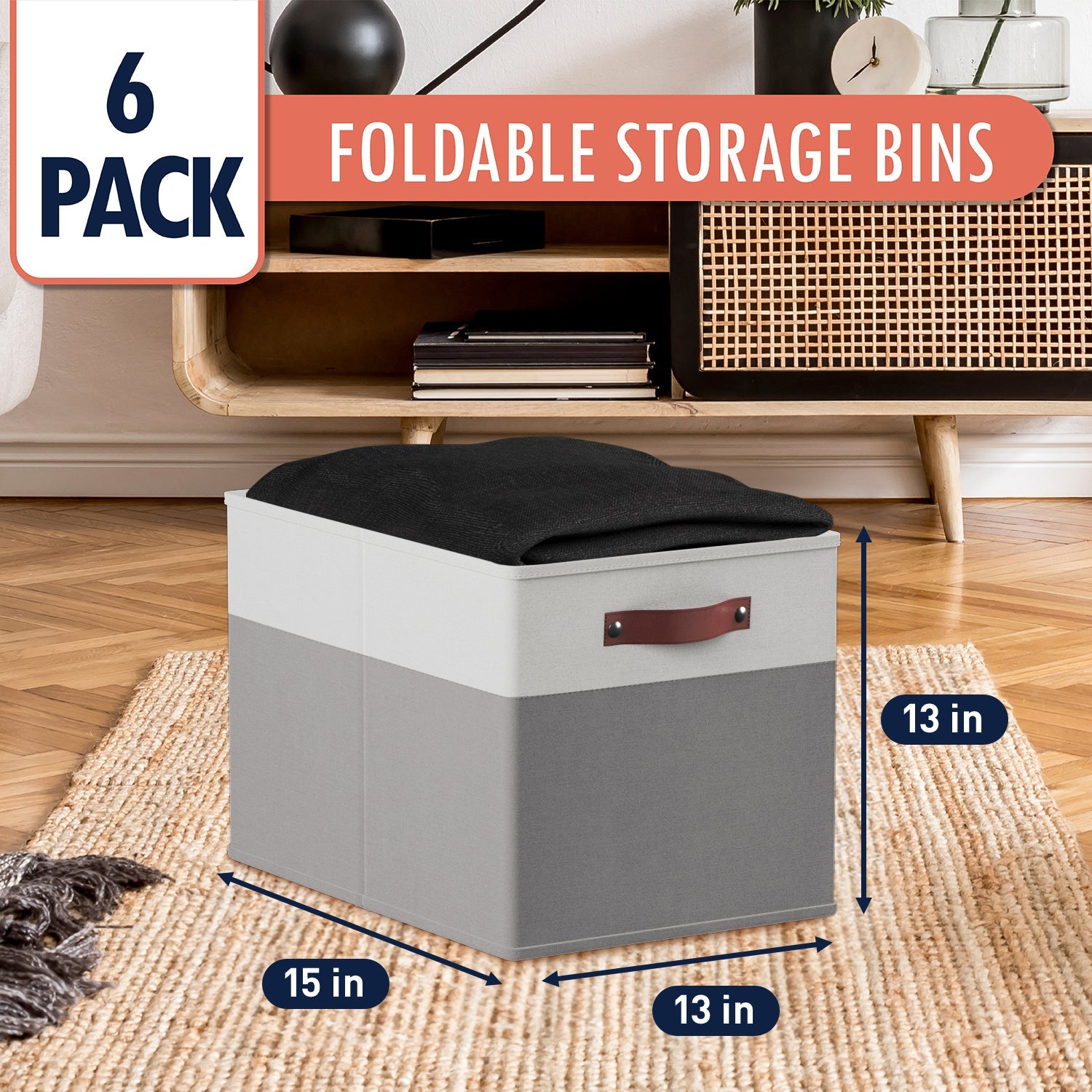 Foldable Linen Kallax Storage Cube Bin with Leather Handles – 13x15x13 Inch - Set of 6 White Gray