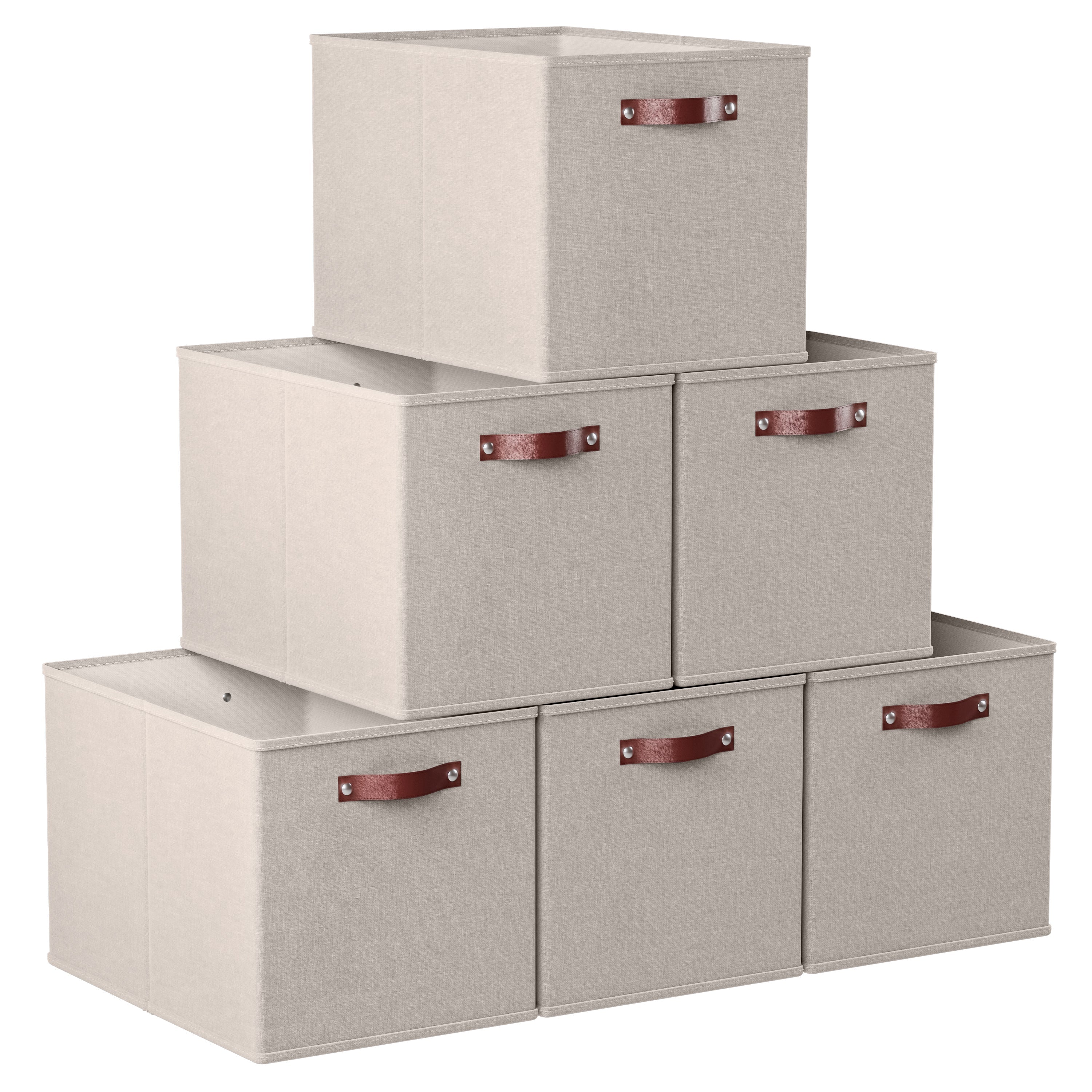 Foldable Linen Storage Cube Bin with Leather Handles - Set of 6