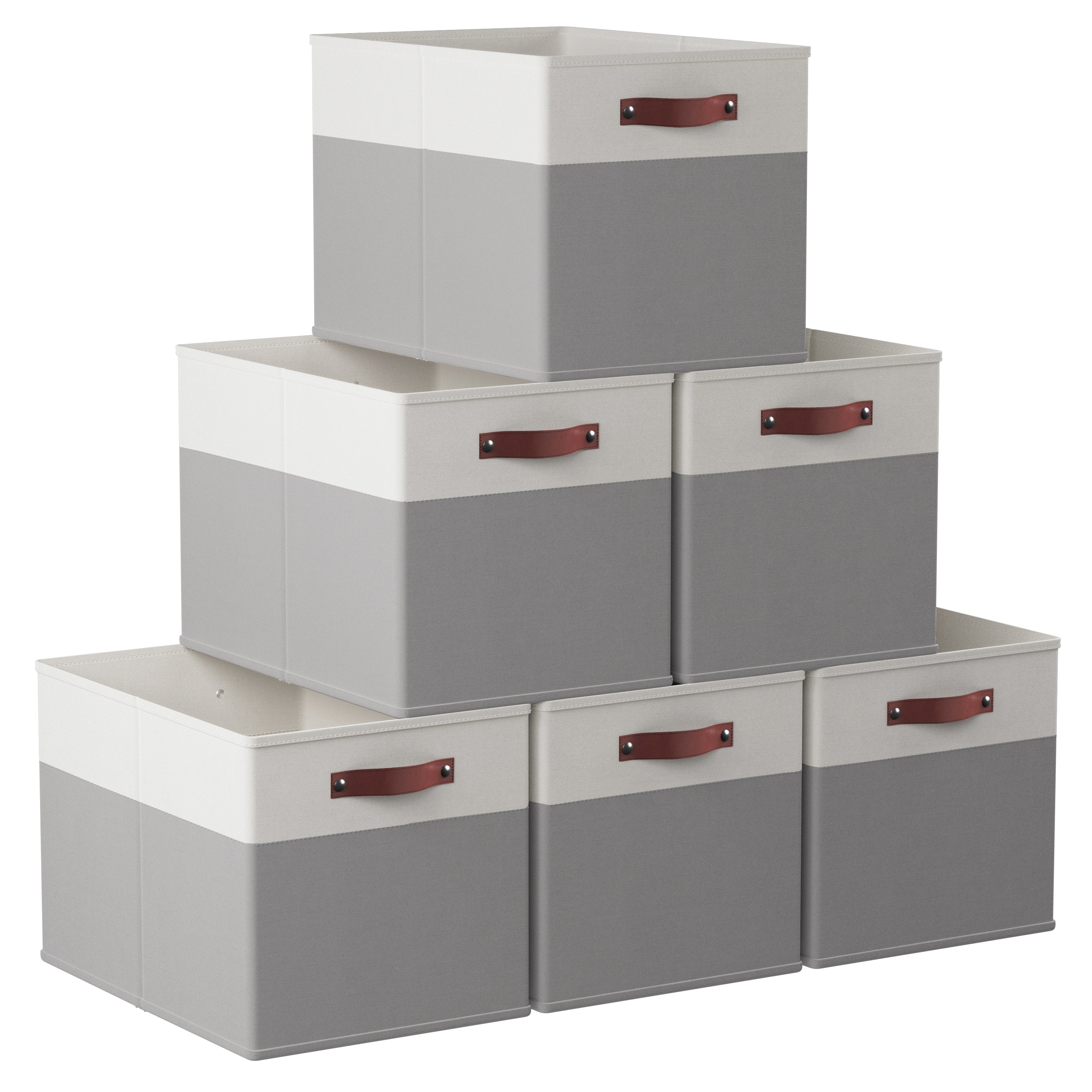 Foldable Linen Kallax Storage Cube Bin with Leather Handles – 13x15x13 Inch - Set of 6 White Gray