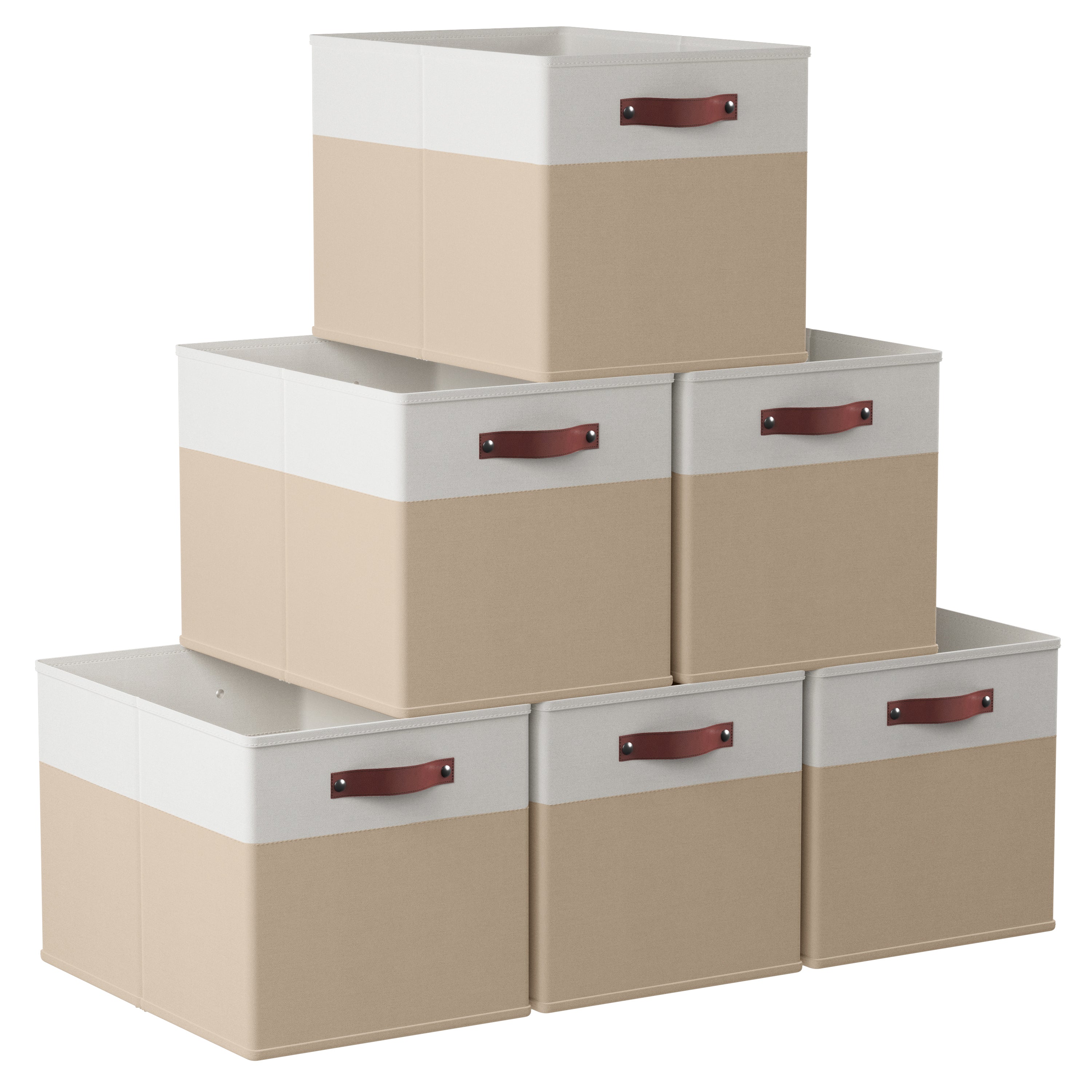 Foldable Linen Kallax Storage Cube Bin with Leather Handles – 13x15x13 Inch - Set of 6 White Khaki