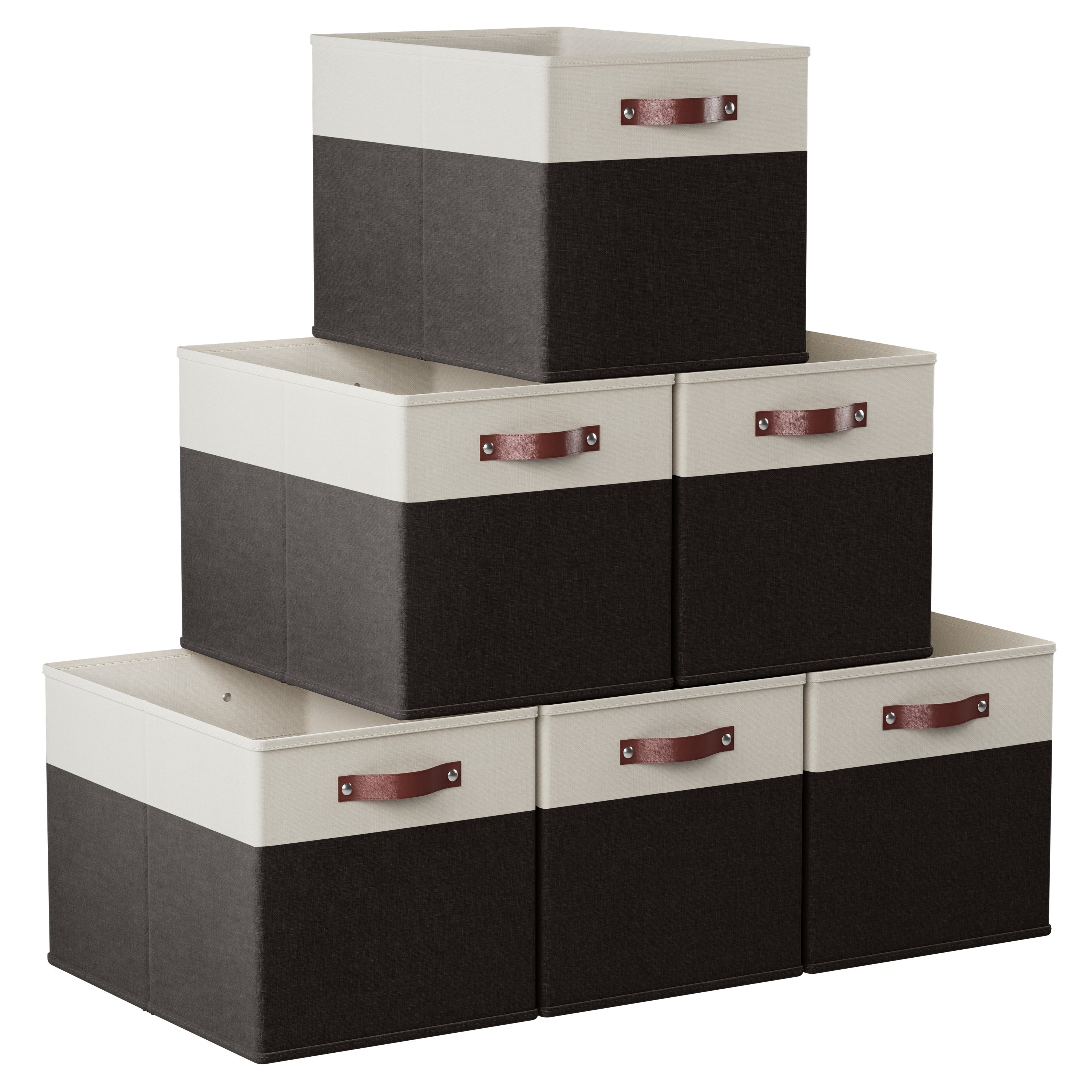 Foldable Linen Storage Cube Bin with Leather Handles - Set of 6