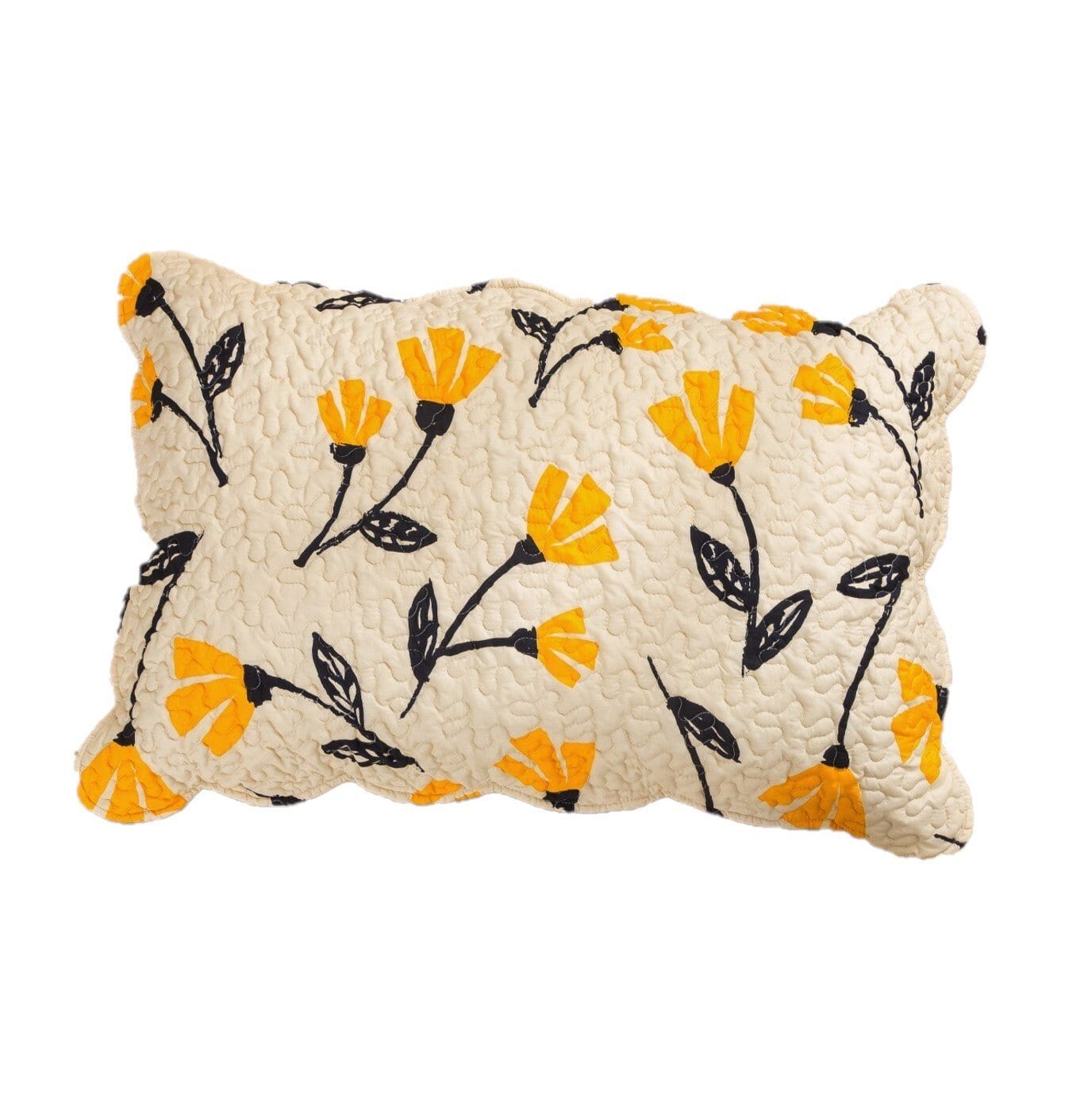 Yellow Fleur Floral Golden Orange Ivory Botanical Quilted Scalloped Pillow Sham (18112)