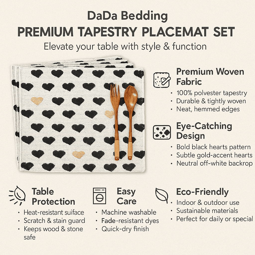 Set of 4-Pieces Lovely Yellow & Black Hearts Tapestry Dining Table Placemats 13" x 19" (18113)