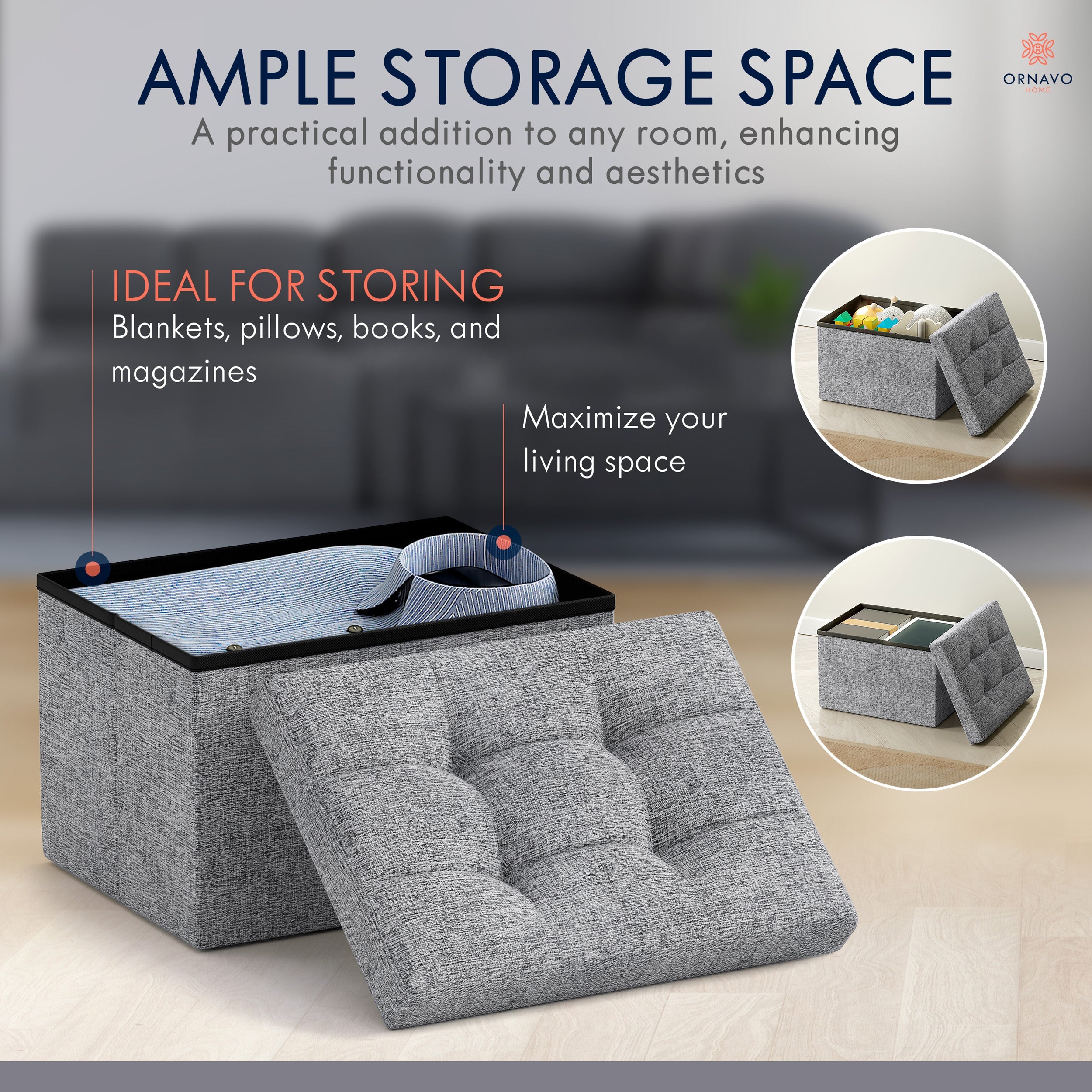 Ornavo Home Foldable Small Rectangle Storage Ottoman - 12 x 16 x 12