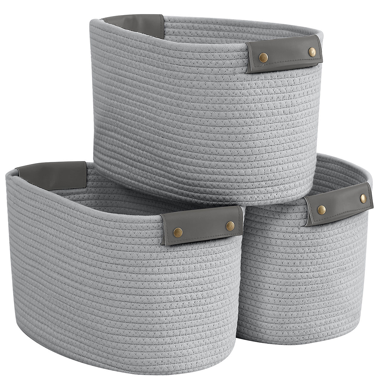 3 Pack Woven Cotton Rope Shelf Storage Basket with Leather Handles