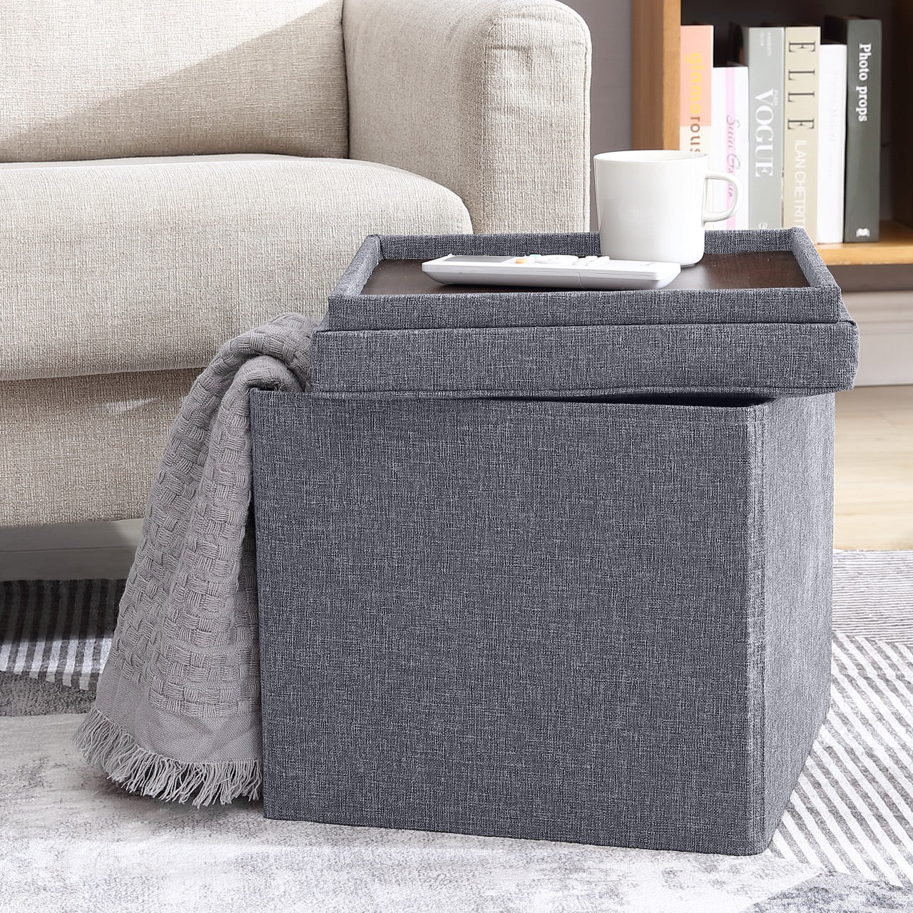 Collapsible Tufted Linen Square Coffee Table Storage Ottoman - Gray