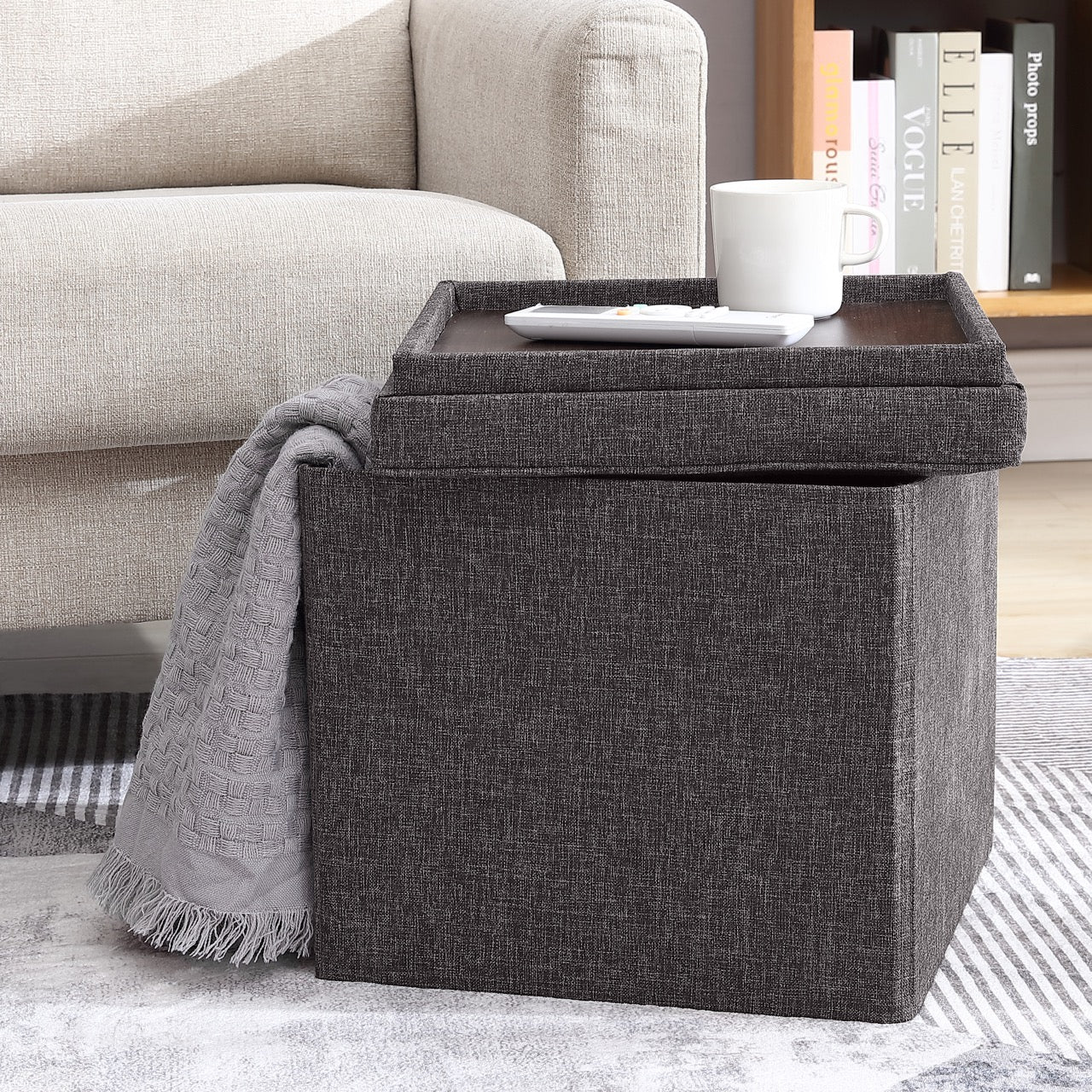 Foldable Tufted Linen Square Storage Ottoman with Table Top Lid