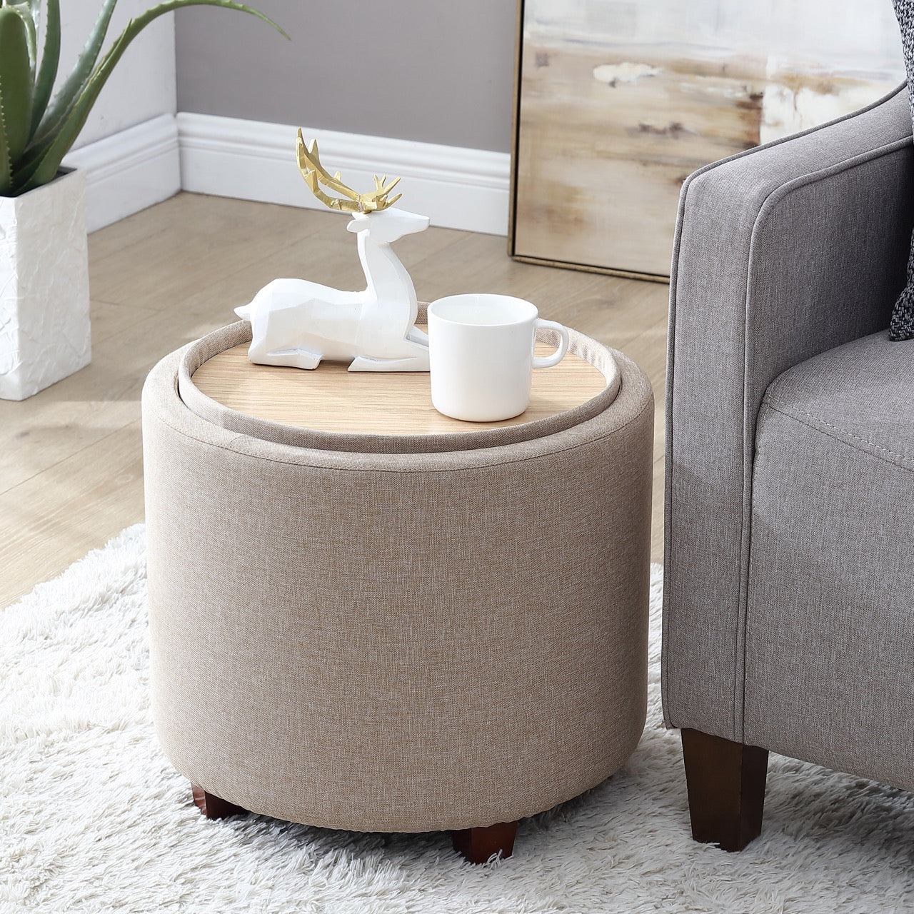 Lawrence Round Linen Storage Ottoman with Table Top Lid - Beige