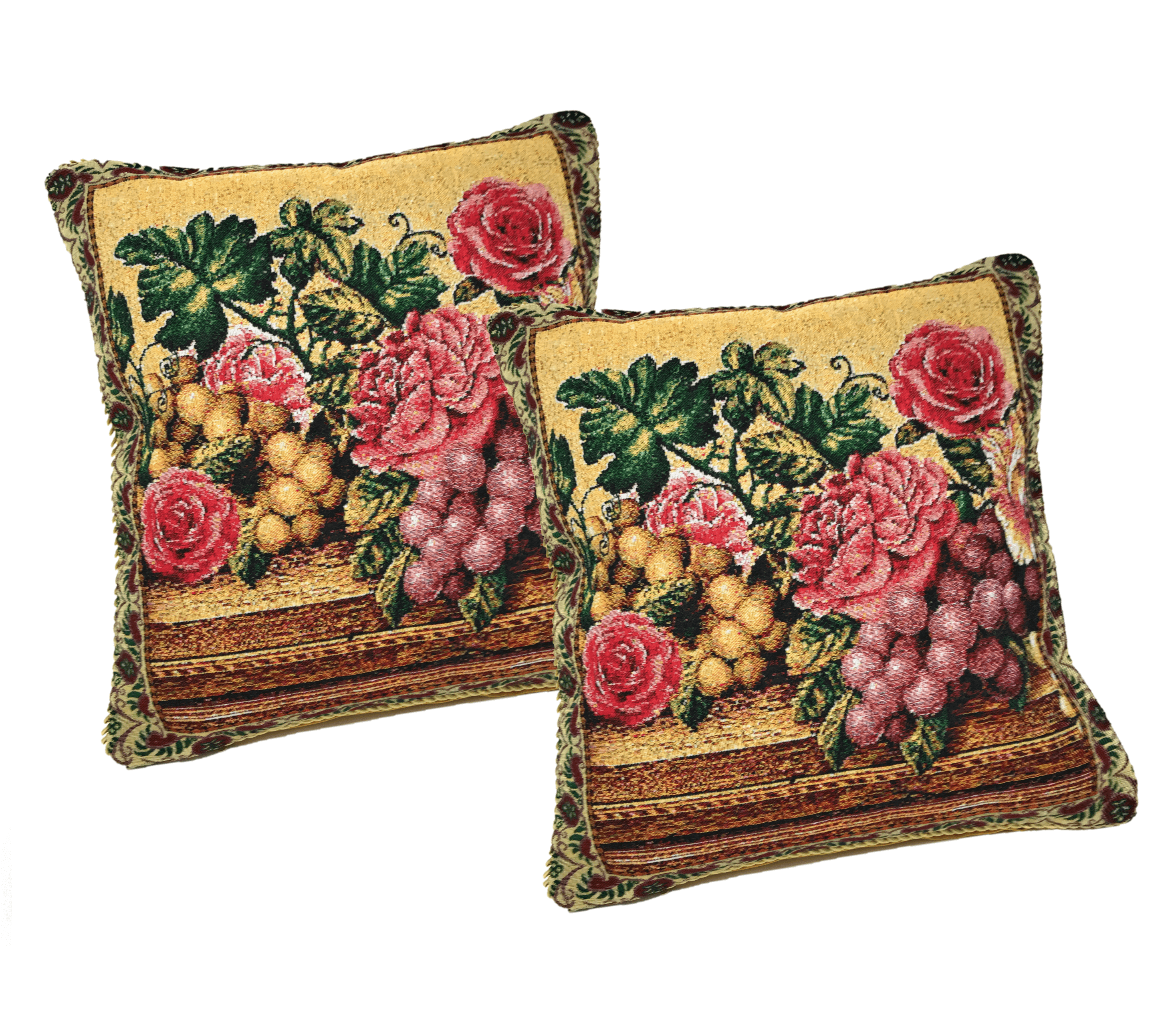 Set of 2-Pieces Parade Fruit & Roses Garden Tapestry Throw Pillow Covers w/ Inserts - 18" x 18"