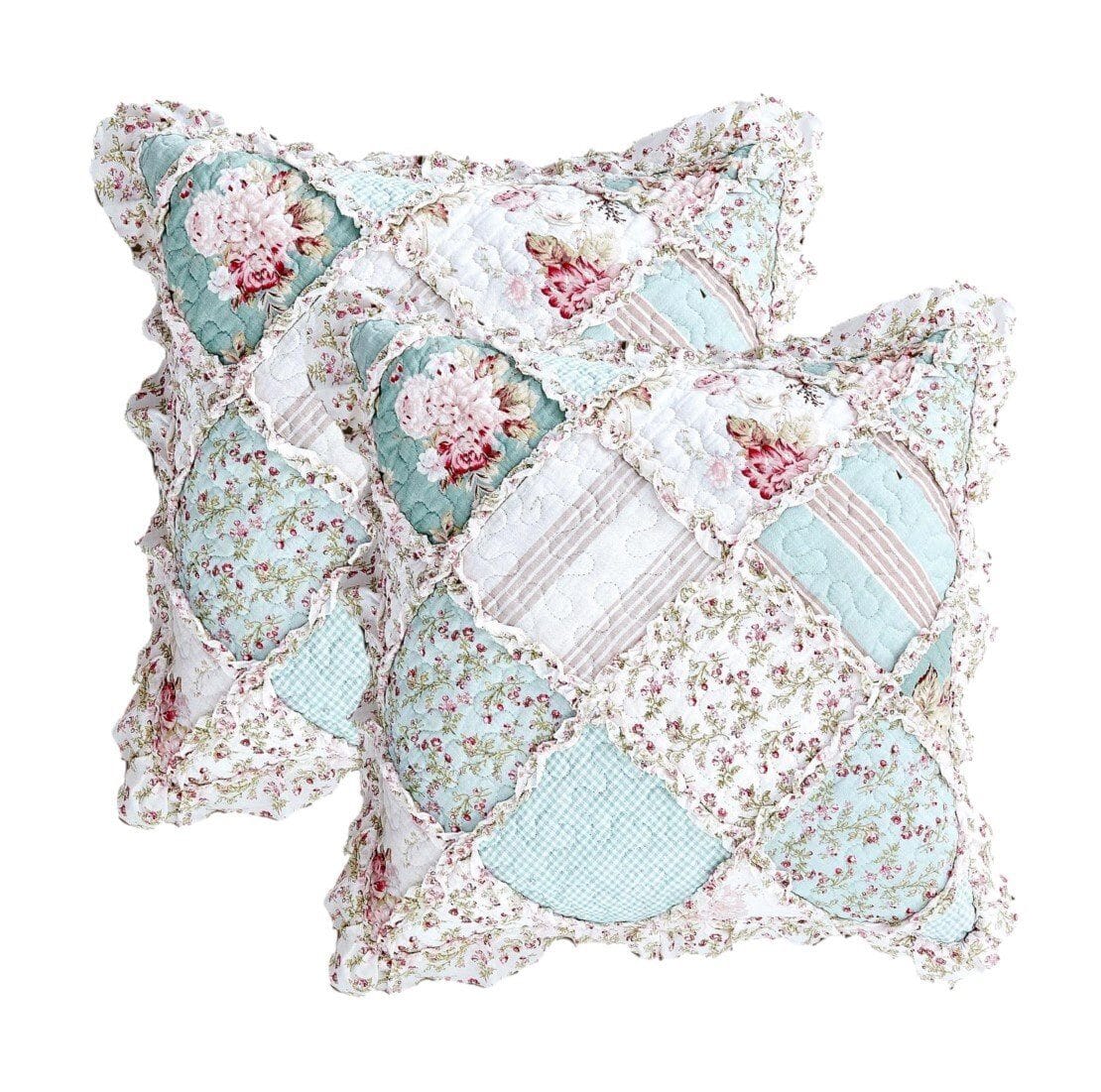 Set of 2-Pieces Hint of Mint Floral Patchwork Throw Pillow Covers, 18" x 18" (JHW3036)
