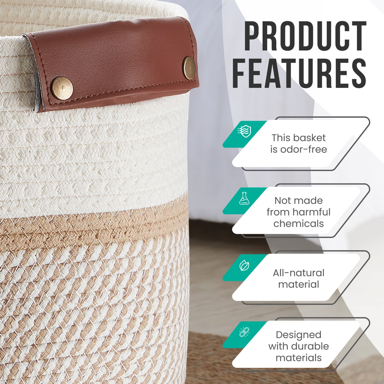 3 Pack Woven Cotton Rope Shelf Storage Basket with Leather Handles