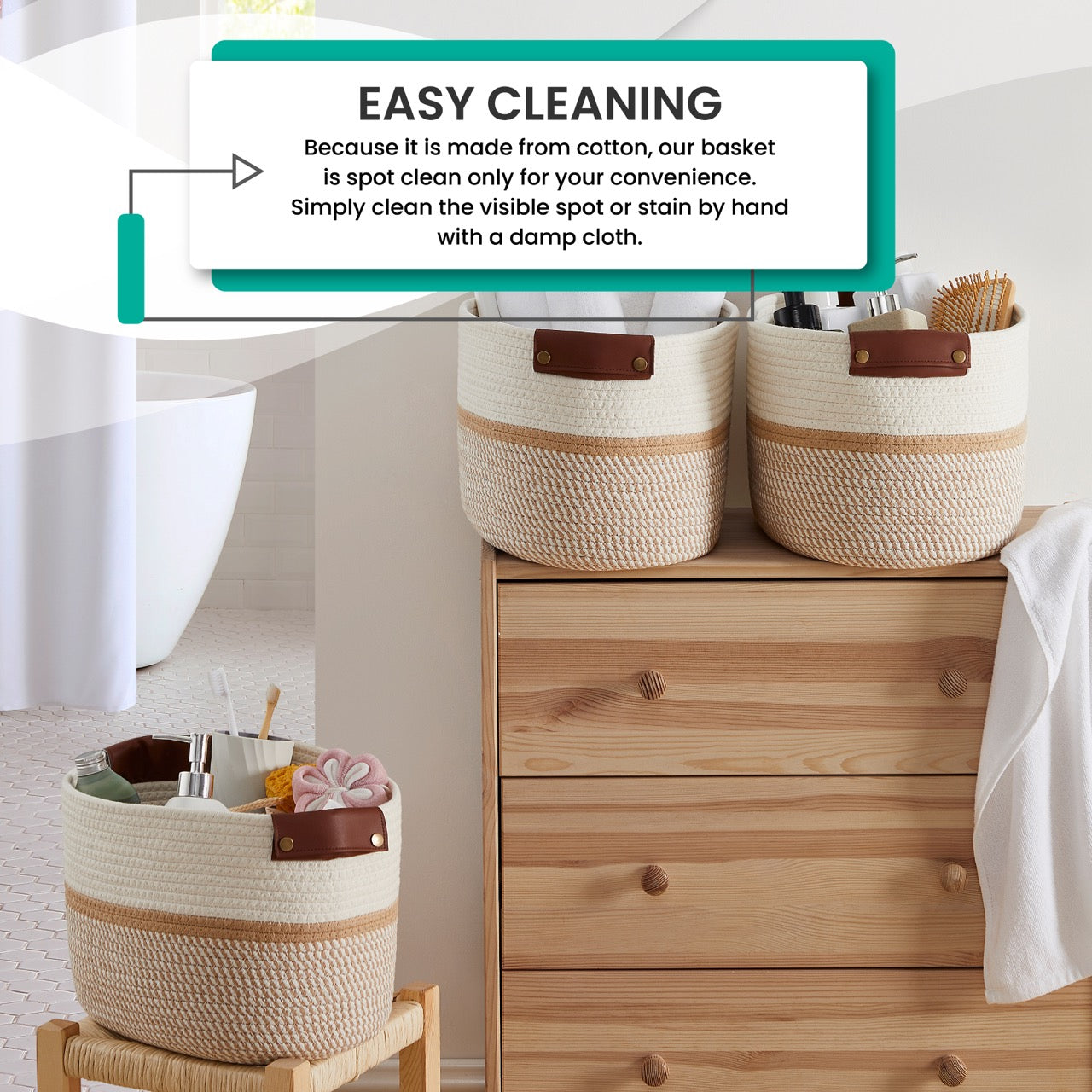 3 Pack Woven Cotton Rope Shelf Storage Basket with Leather Handles