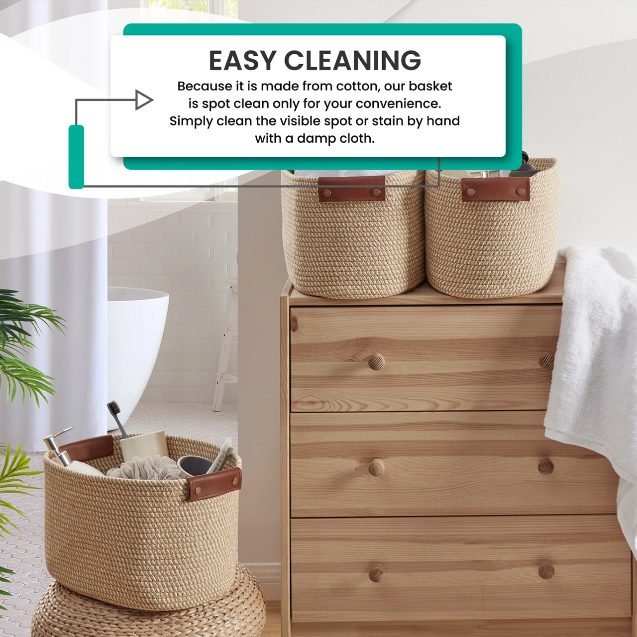 3 Pack Woven Cotton Rope Shelf Storage Basket with Leather Handles