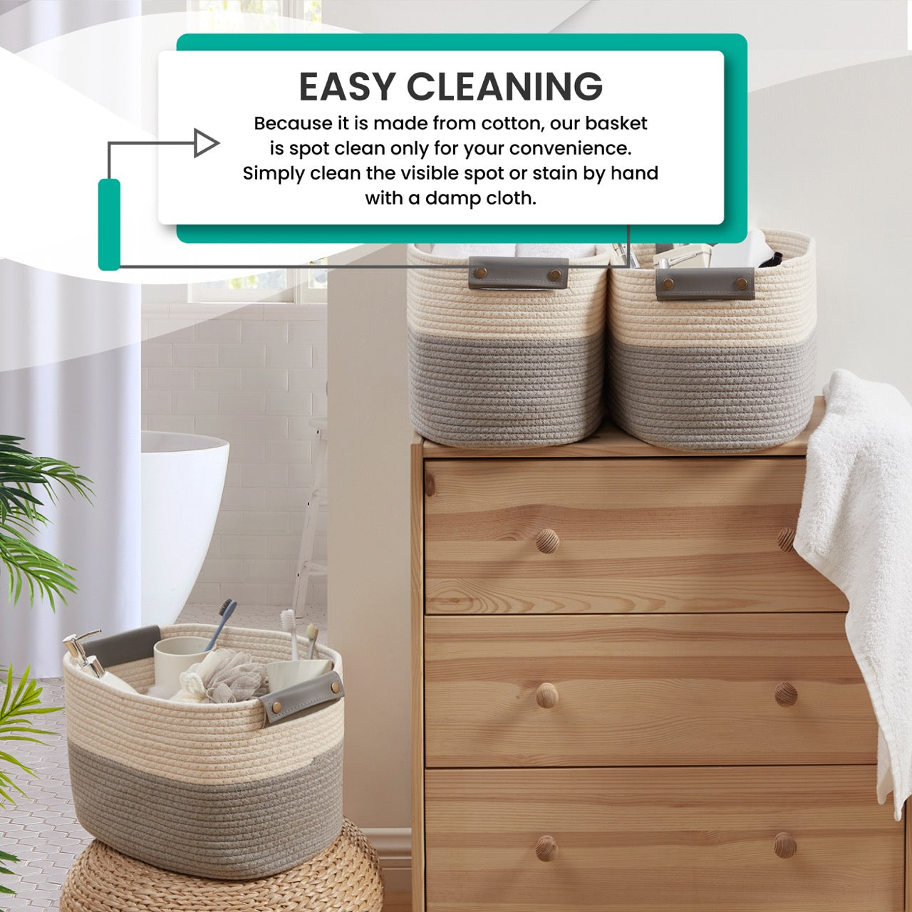 3 Pack Woven Cotton Rope Shelf Storage Basket with Leather Handles