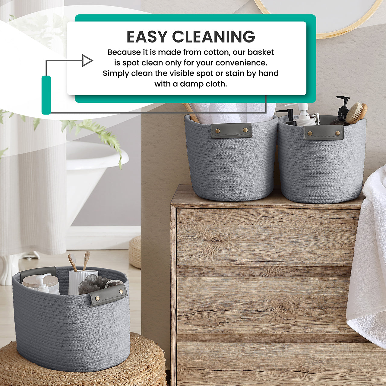 3 Pack Woven Cotton Rope Shelf Storage Basket with Leather Handles