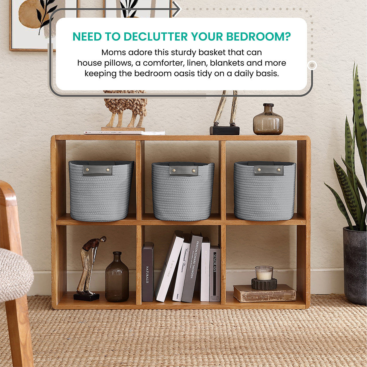 3 Pack Woven Cotton Rope Shelf Storage Basket with Leather Handles