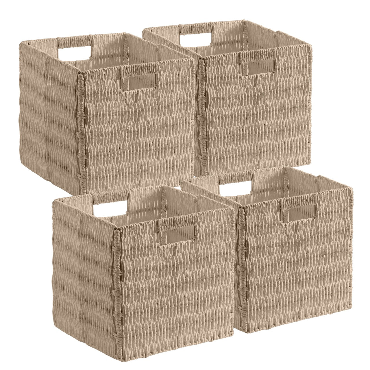 Foldable Paper Wicker Storage Shelf Basket Cube Bin with Handles - Set of 4