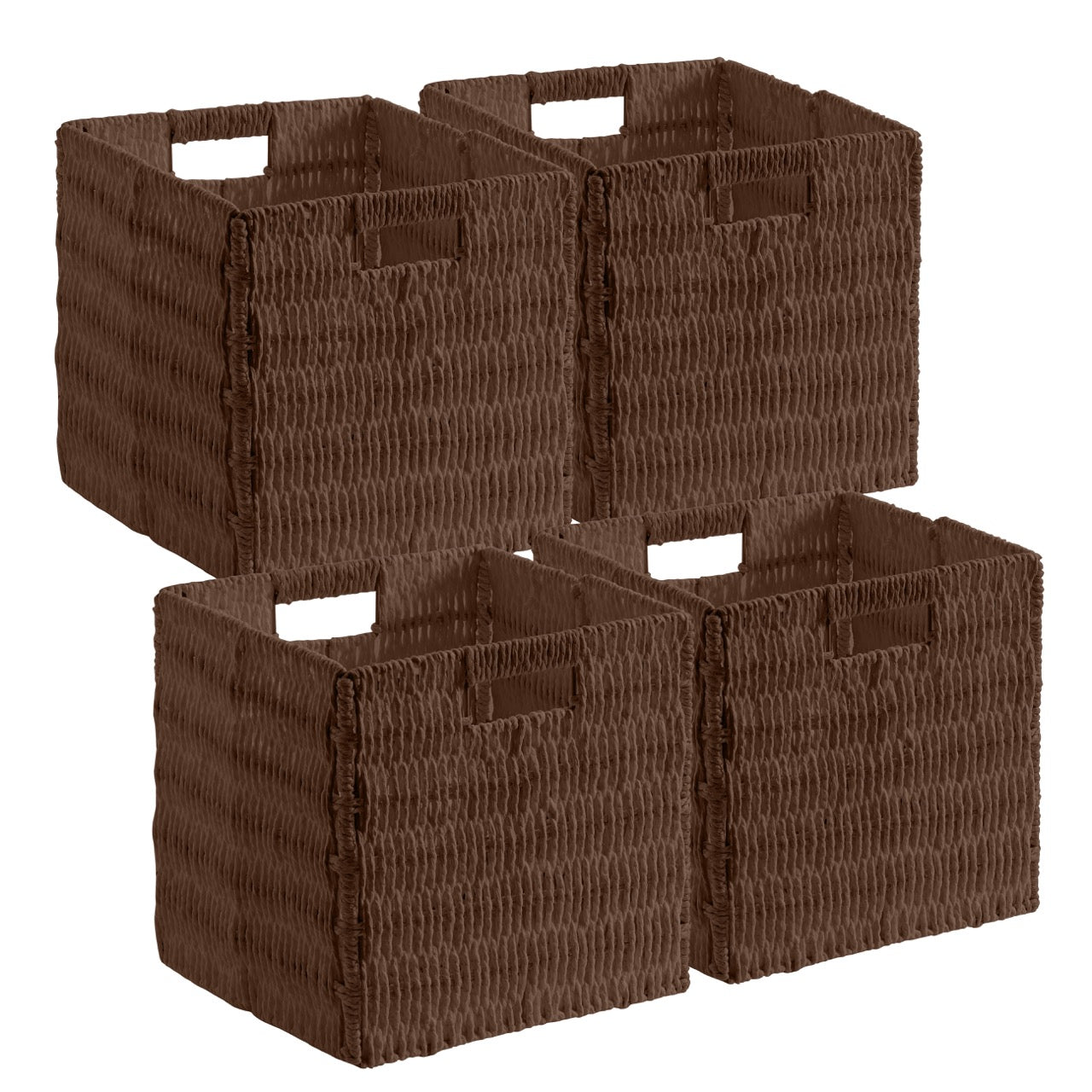 Foldable Paper Wicker Storage Shelf Basket Cube Bin with Handles - Set of 4