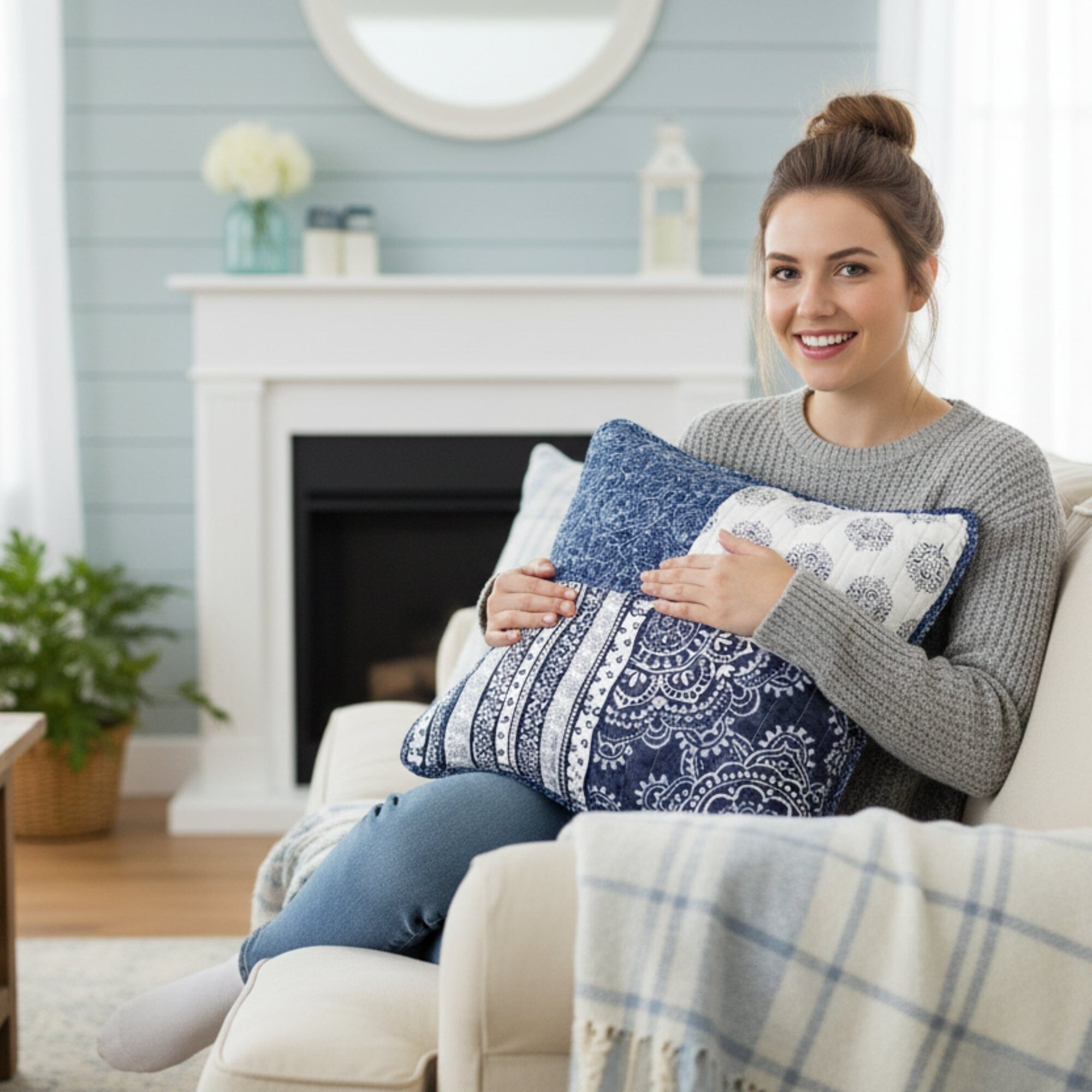 Set of 2-Pieces Bohemian Denim Blue Elegance Throw Pillow Covers - 18" x 18" (JHW660)