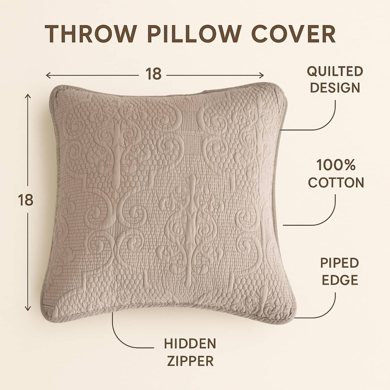 Set of 2-Pieces Sandy Beige Taupe Square Cushion Throw Pillow Covers, 18" x 18" (JHW-585)
