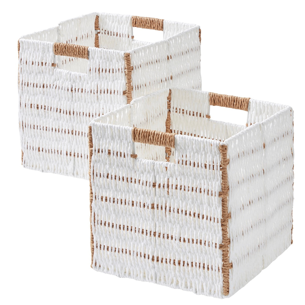 Foldable Paper Wicker Storage Shelf Basket Cube Bin with Handles - White/Brown