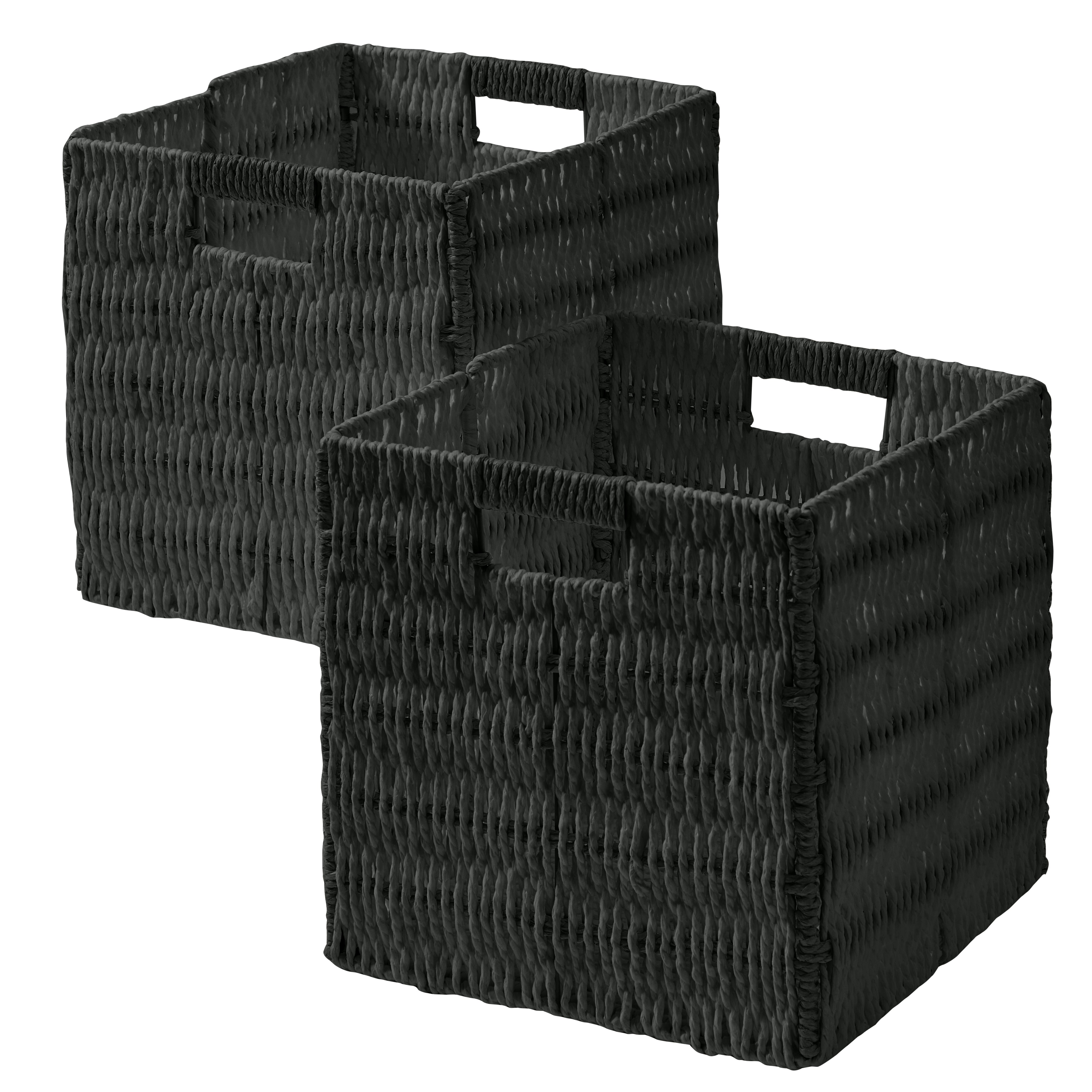 Foldable Paper Wicker Storage Shelf Basket Cube Bin with Handles - Set of 2