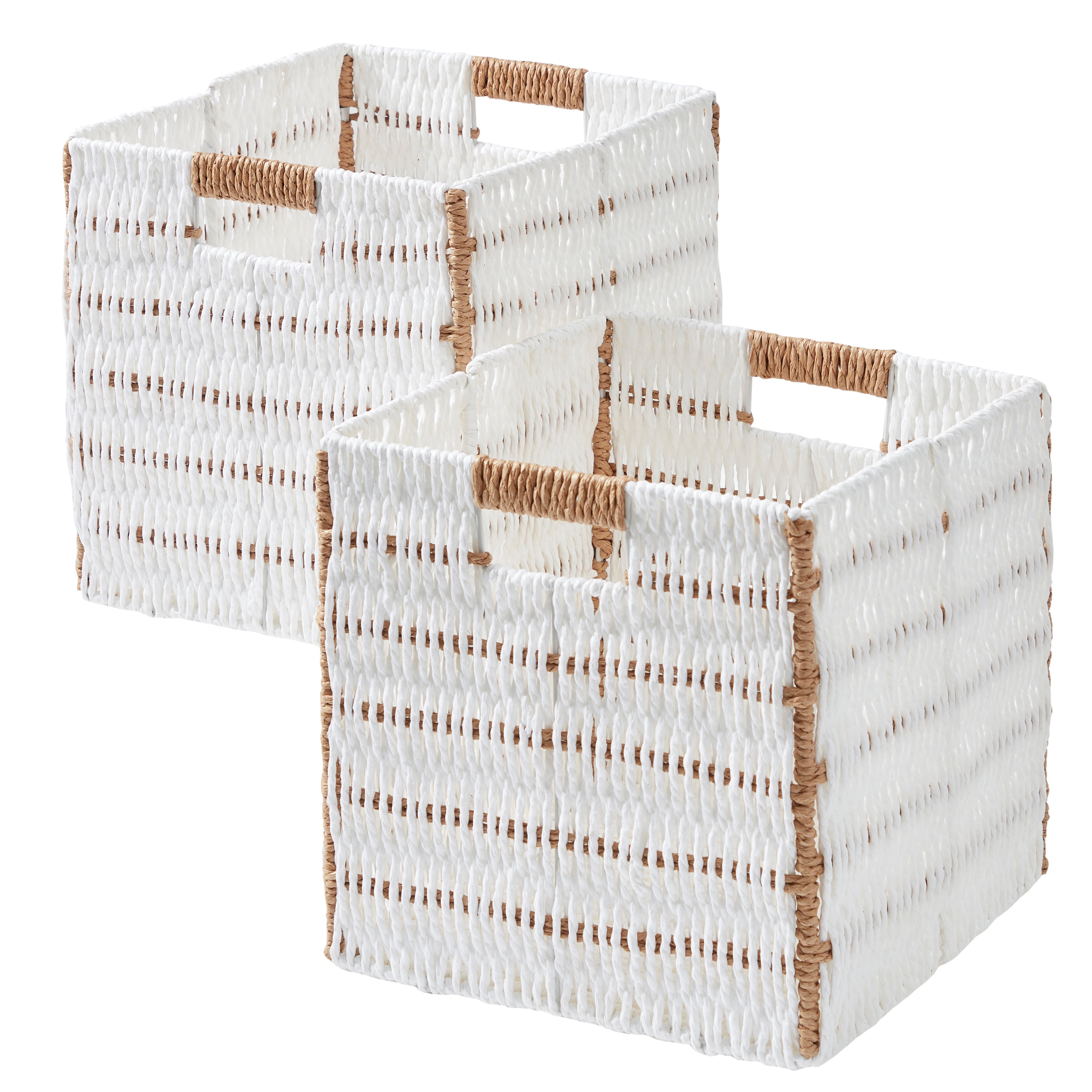 Foldable Paper Wicker Storage Shelf Basket Cube Bin with Handles - Set of 2
