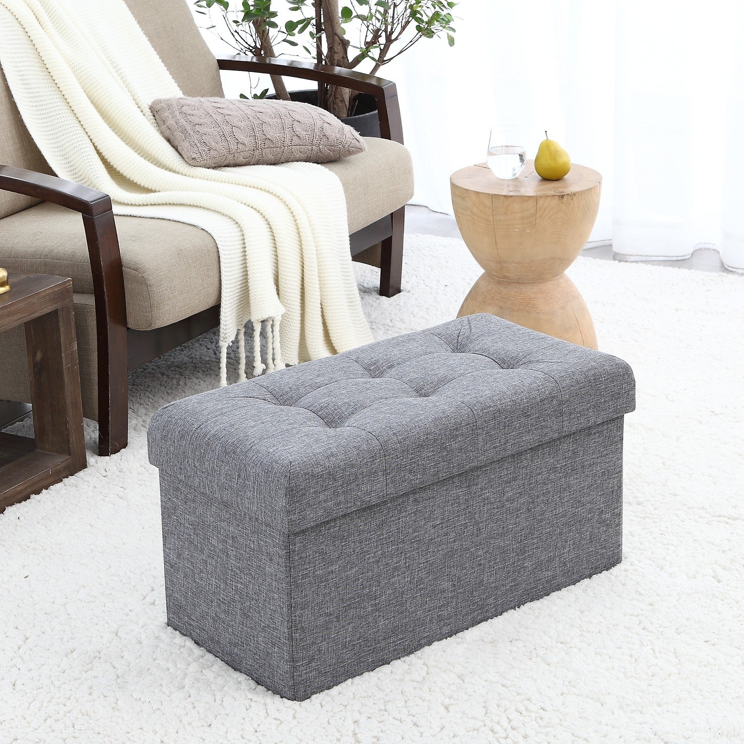 Foldable Tufted Linen Bench Storage Ottoman - Gray