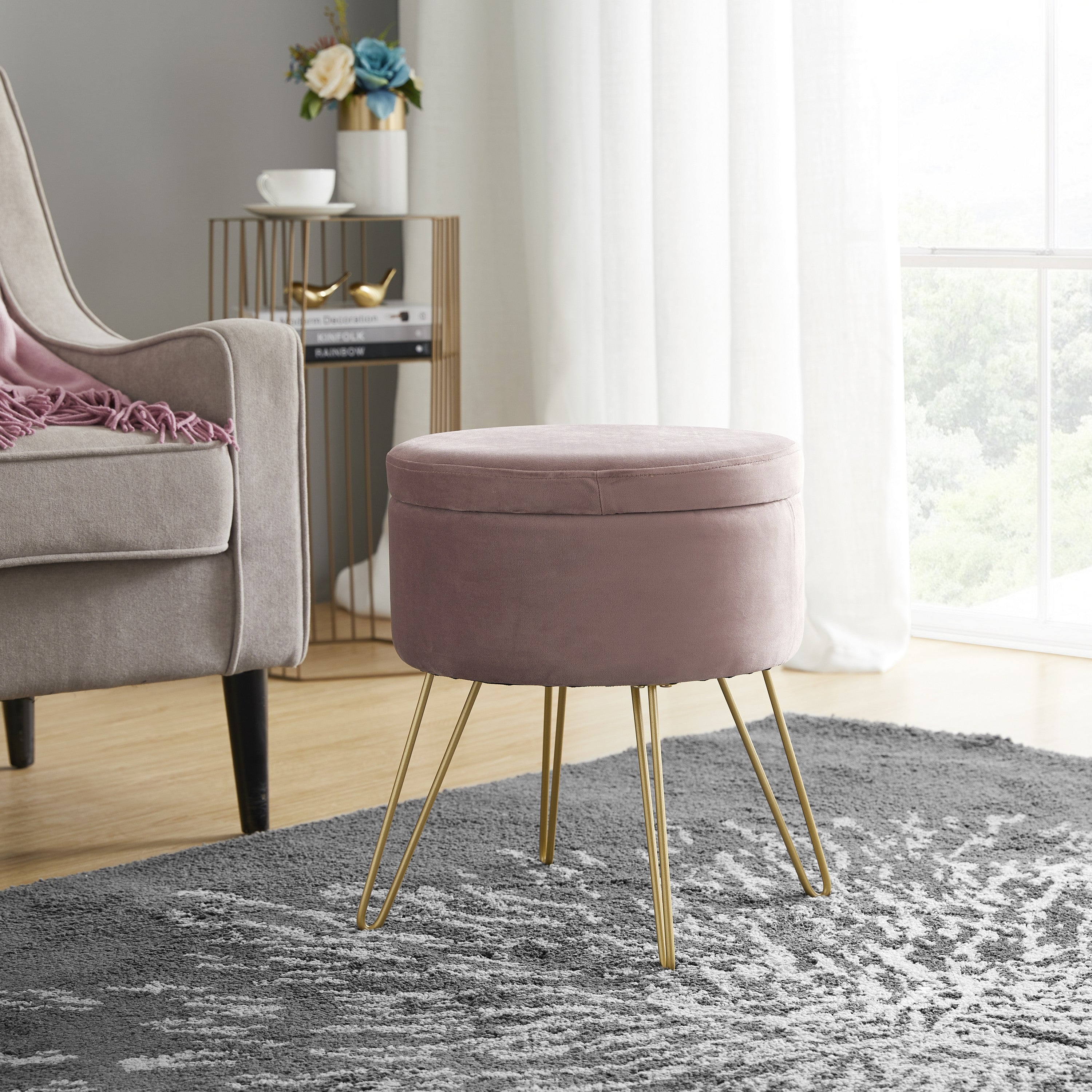 Round Velvet Storage Ottoman with Metal Legs