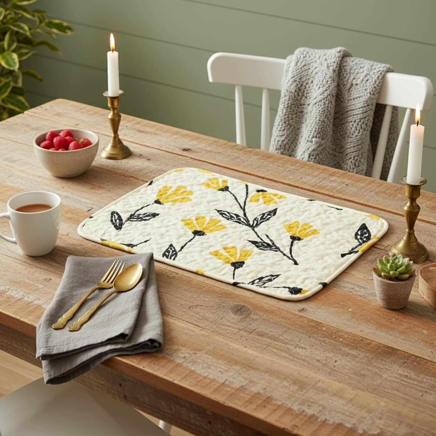 Botanical Floral Dining Table Placemats - Set of 4-Pieces Quilted Ivory with Yellow Fleur Golden Orange Spring Time Tulips - 13 x 19