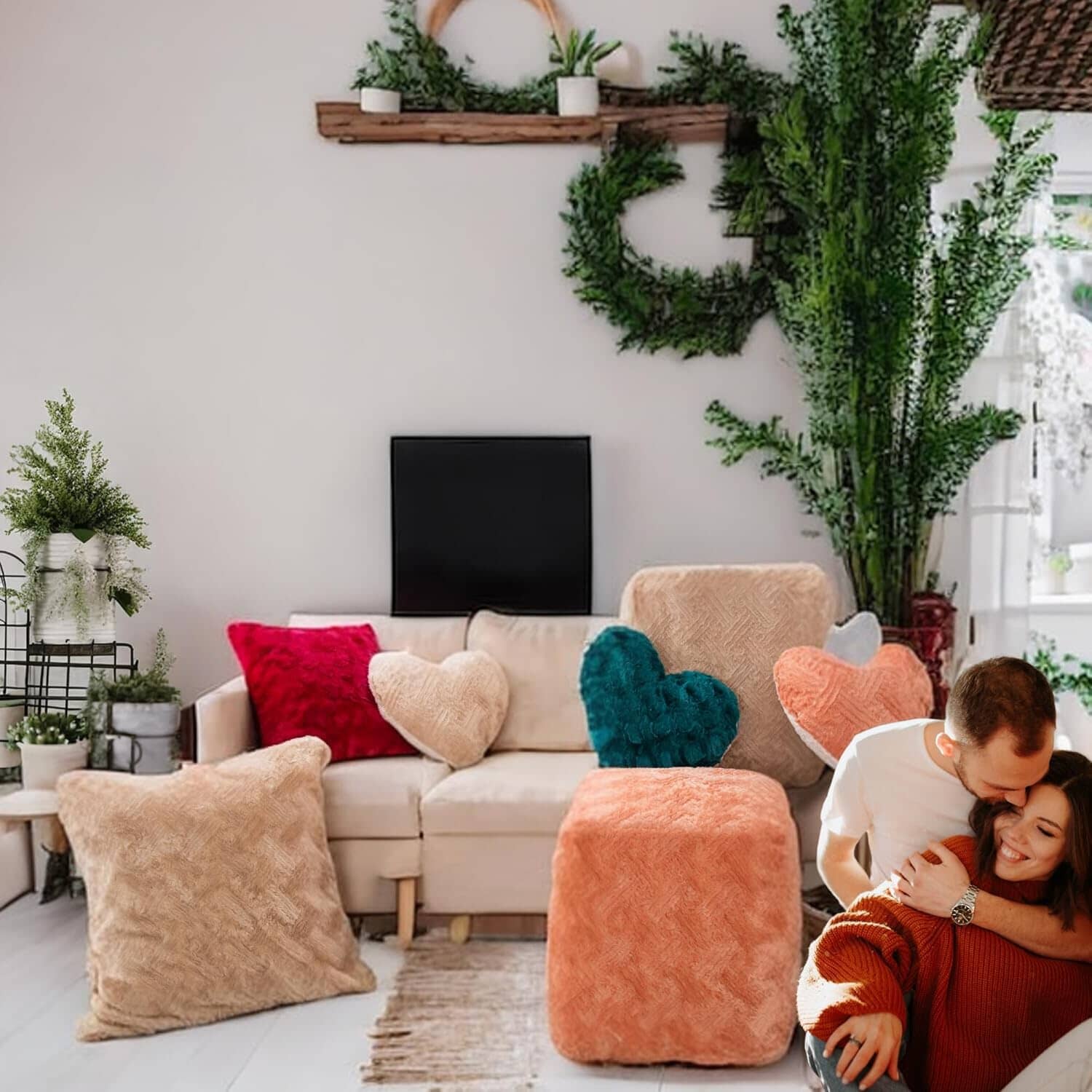 Heart Pillows Decorative Throw Pillows - Neutral Champagne Beige Heart Shaped Throw Toss Lap Fluffy Faux Fur Sherpa Pillows (16x14)