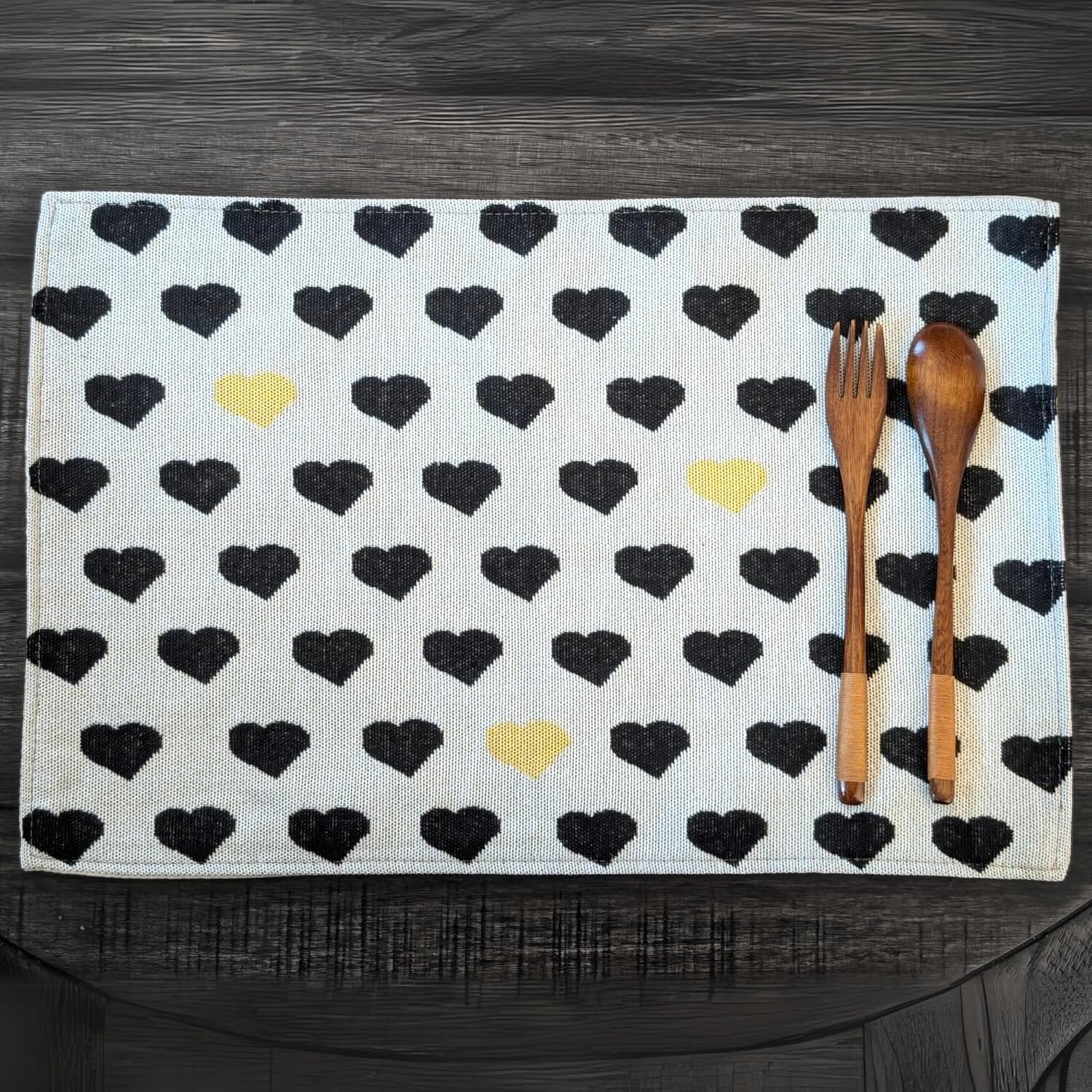 Set of 4-Pieces Lovely Yellow & Black Hearts Tapestry Dining Table Placemats 13" x 19" (18113)