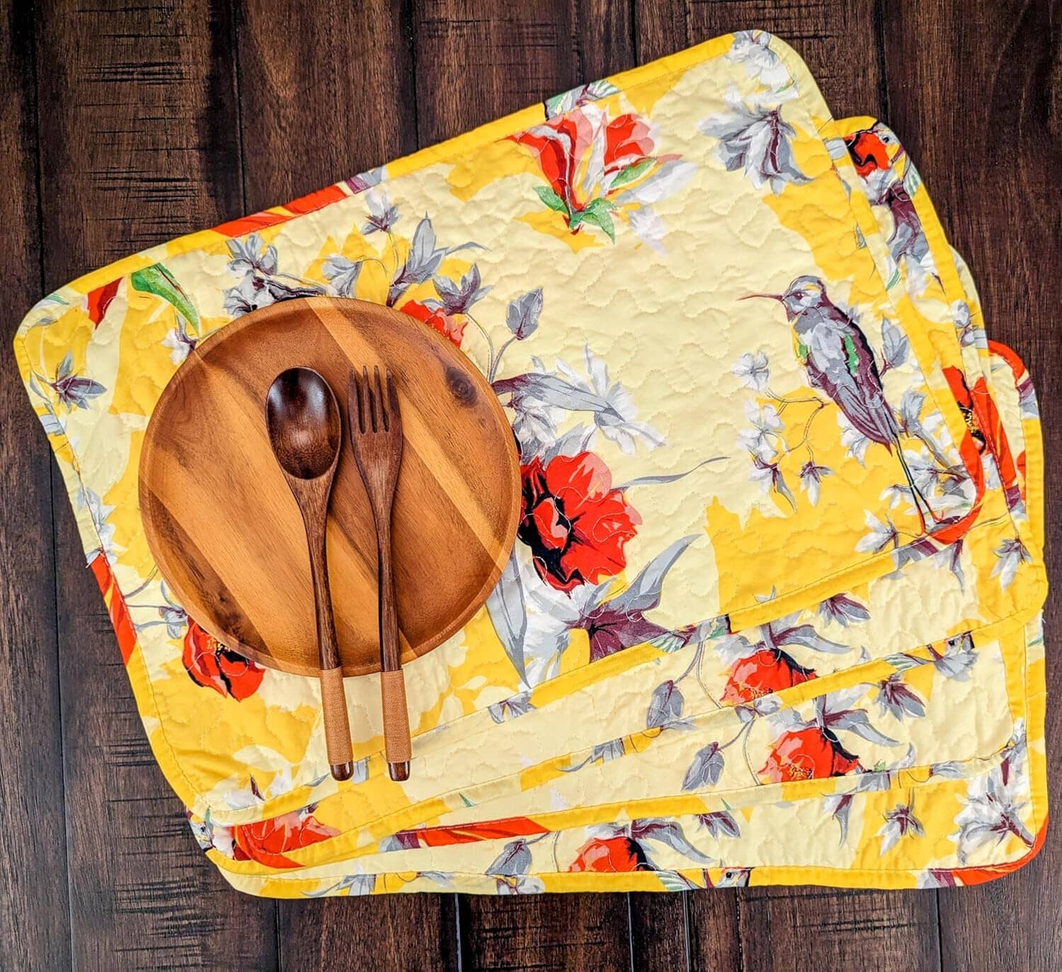 Radiant Sunshine Yellow Floral Dining Table Placemats - Set of 4-Pieces Quilted Hummingbirds Farmhouse Red Flowers - 13 x 19