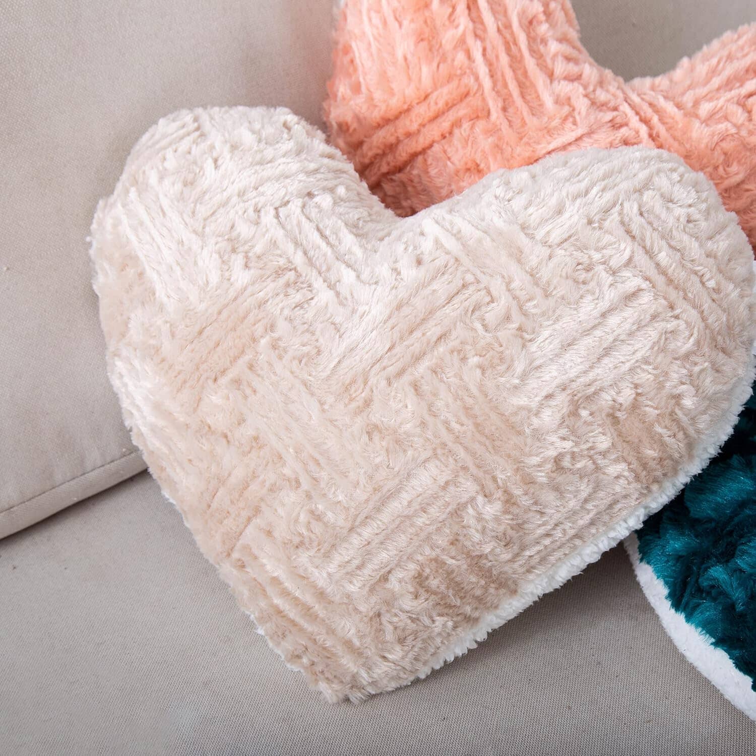 Heart Pillows Decorative Throw Pillows - Neutral Champagne Beige Heart Shaped Throw Toss Lap Fluffy Faux Fur Sherpa Pillows (16x14)