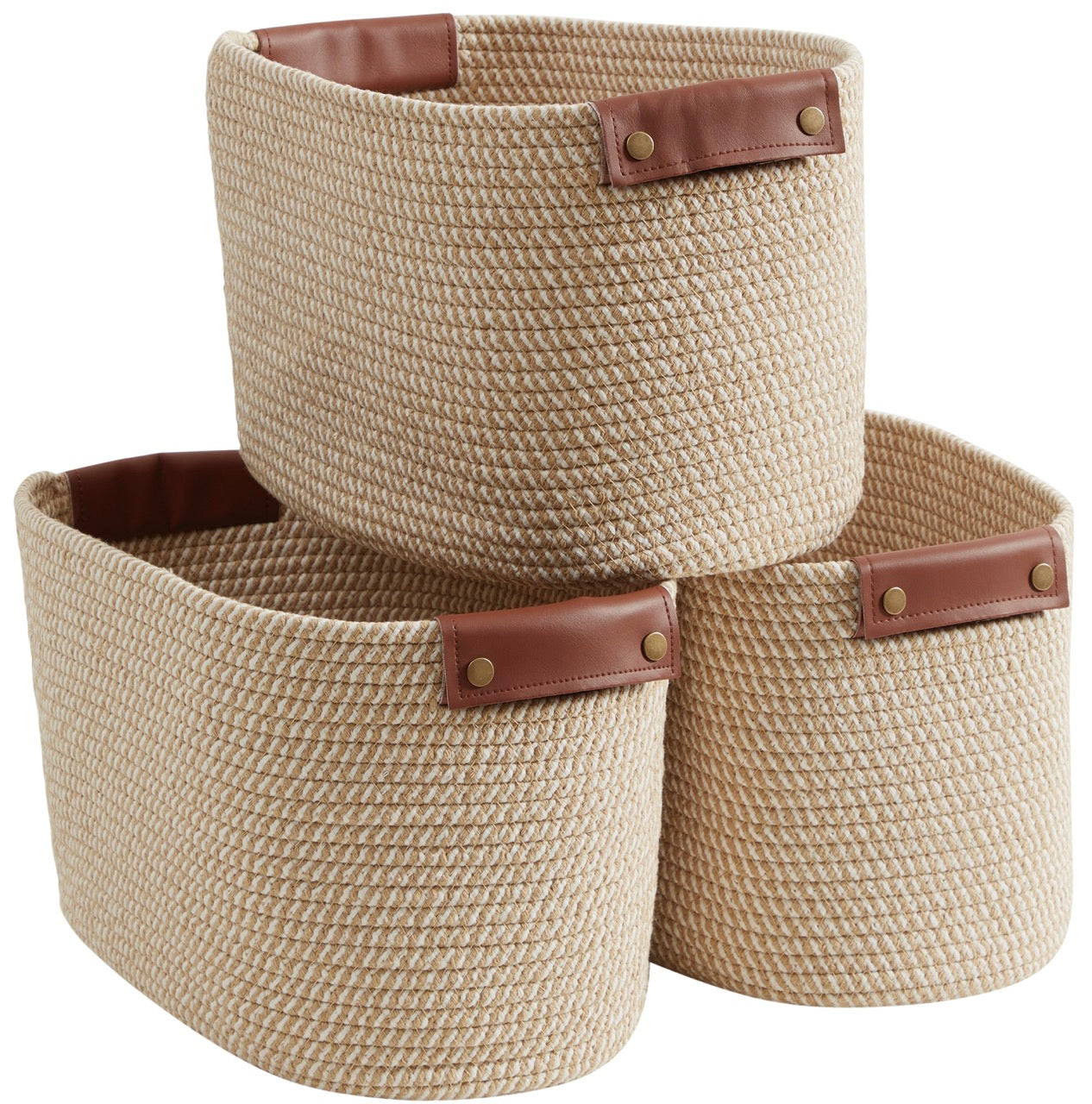 3 Pack Woven Cotton Rope Shelf Storage Basket with Leather Handles