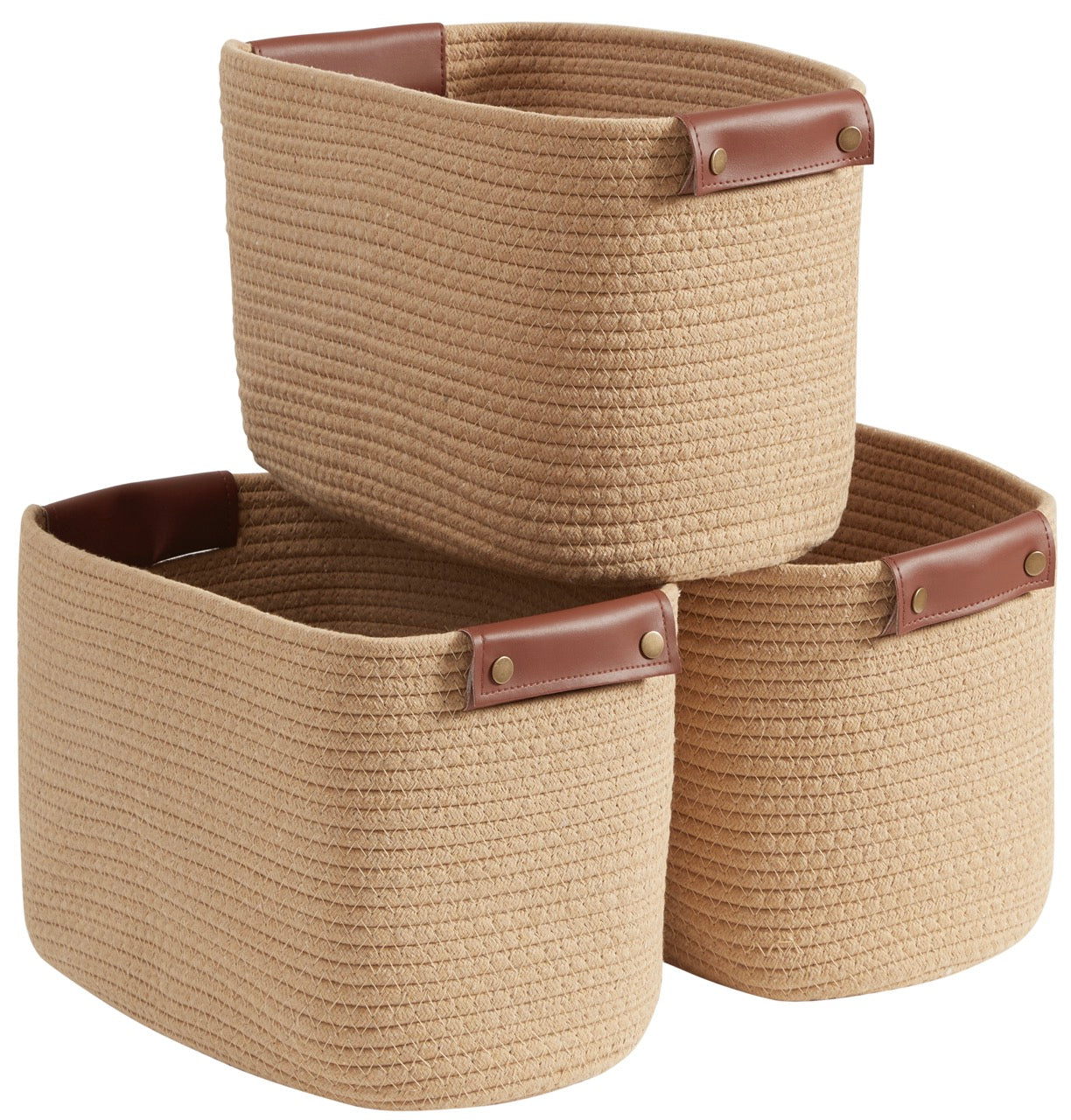3 Pack Woven Cotton Rope Shelf Storage Basket with Leather Handles