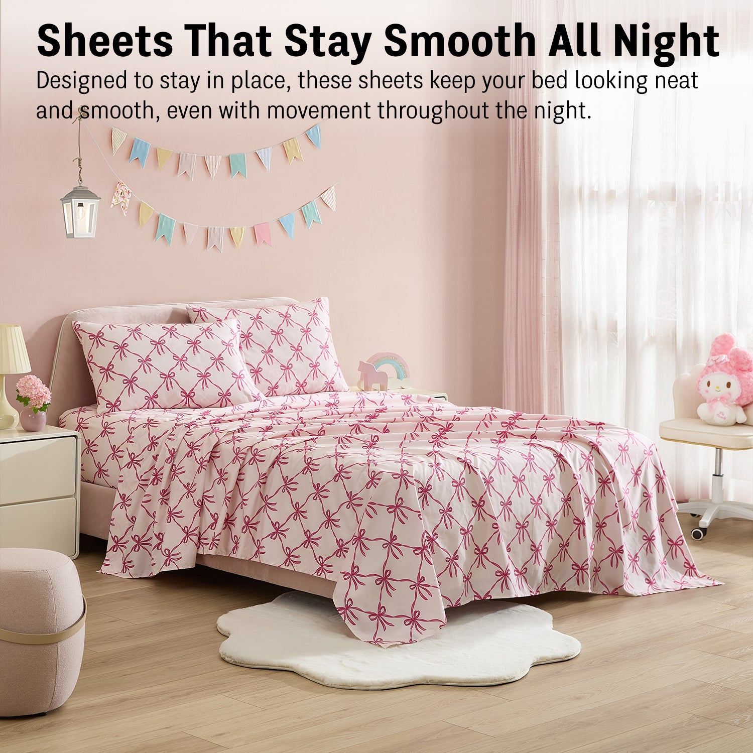 Pink Bows Girls Kids Bed Sheets