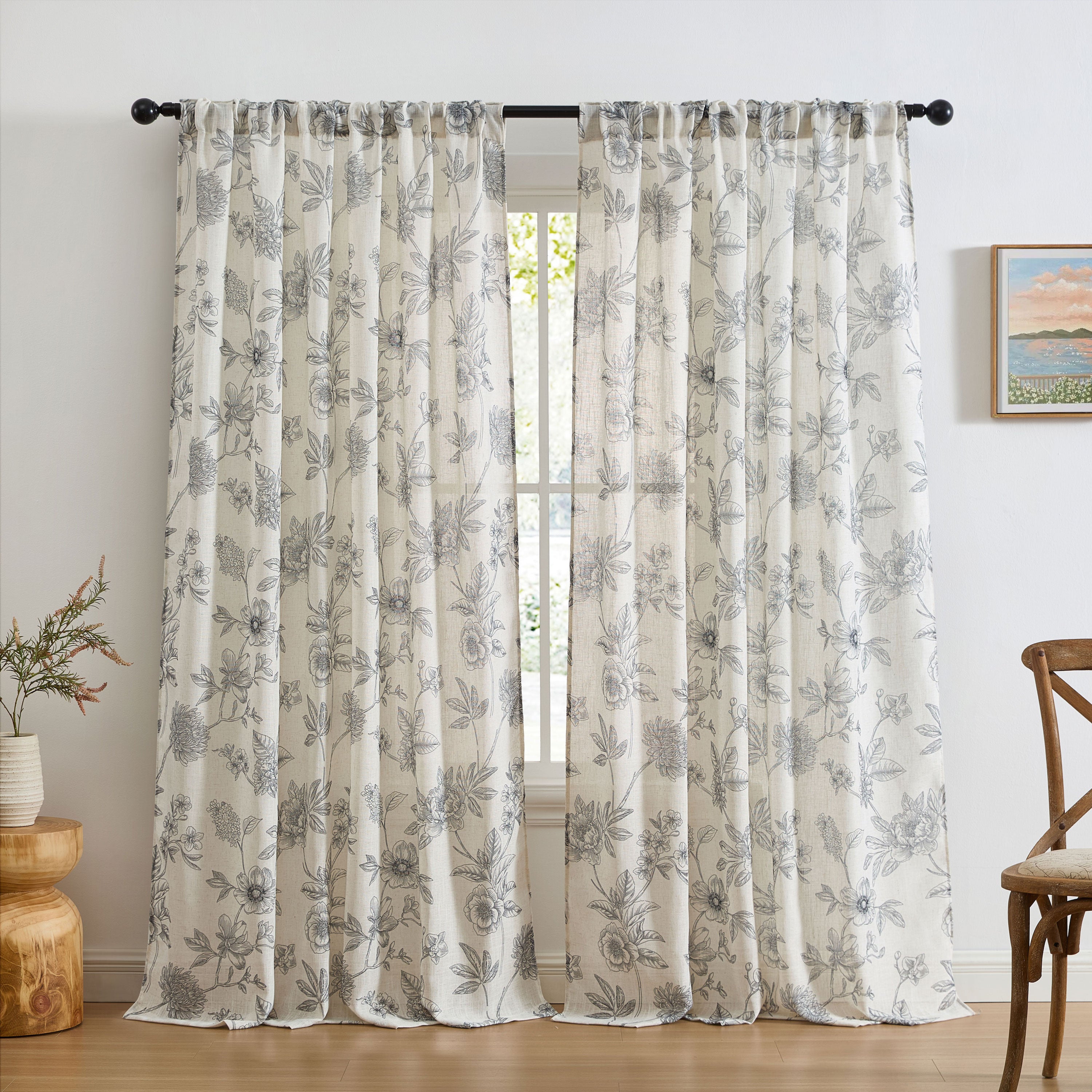 Brookville Linen Floral Back Tab Rod Pocket Curtains