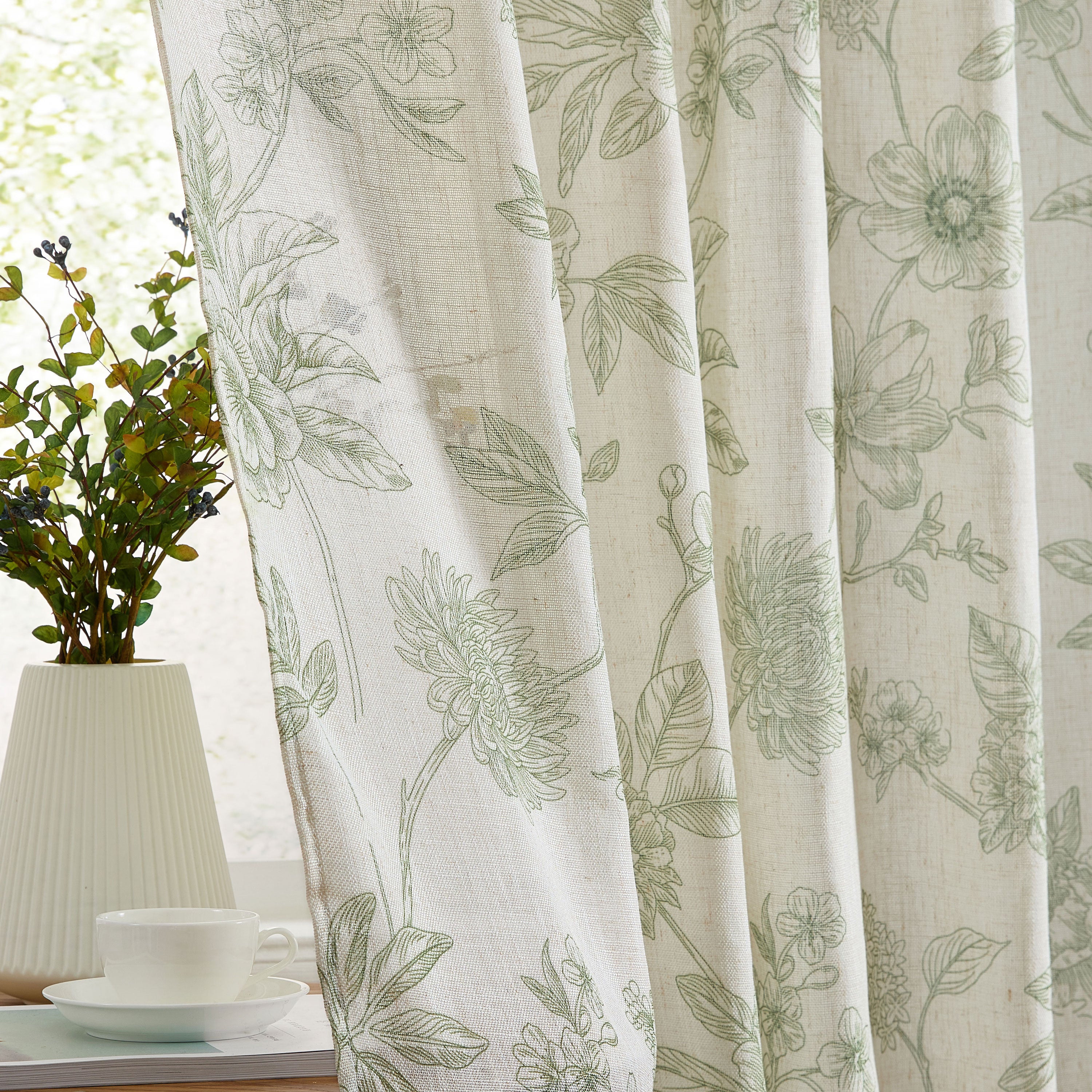 Brookville Linen Floral Back Tab Rod Pocket Curtains