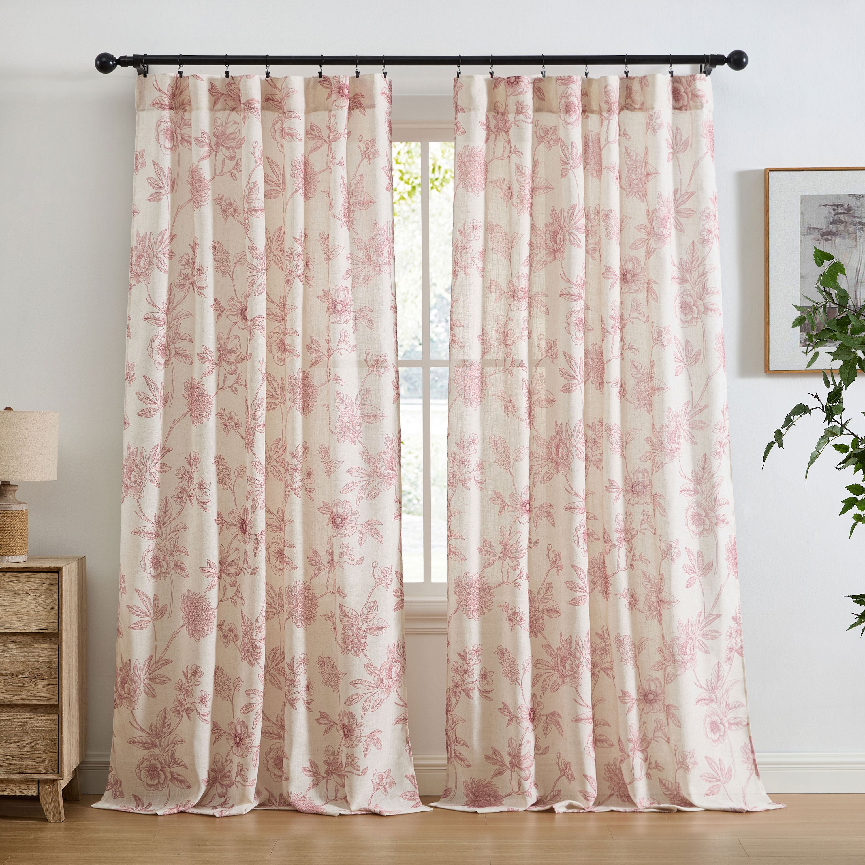 Brookville Linen Floral Back Tab Rod Pocket Curtains
