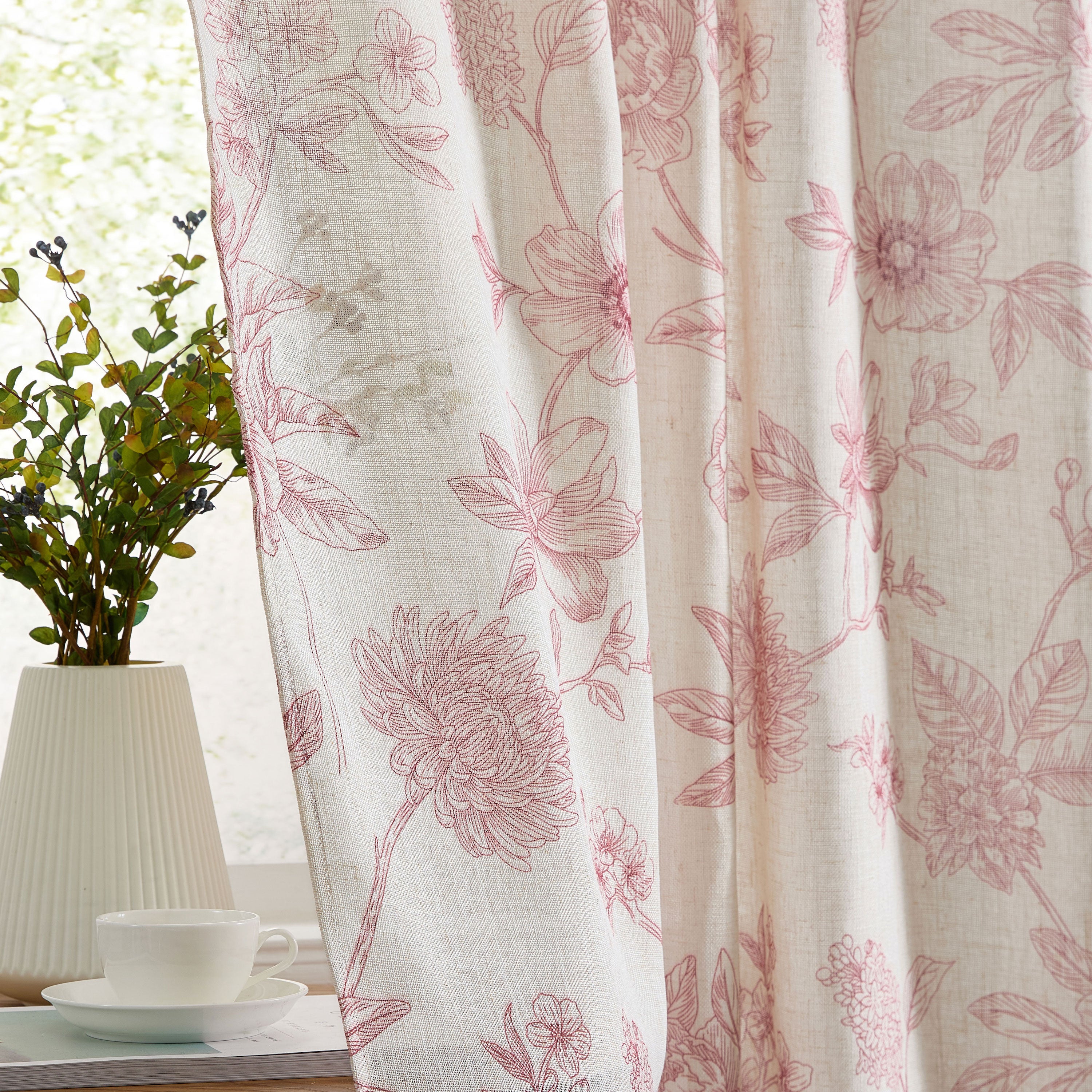Brookville Linen Floral Back Tab Rod Pocket Curtains