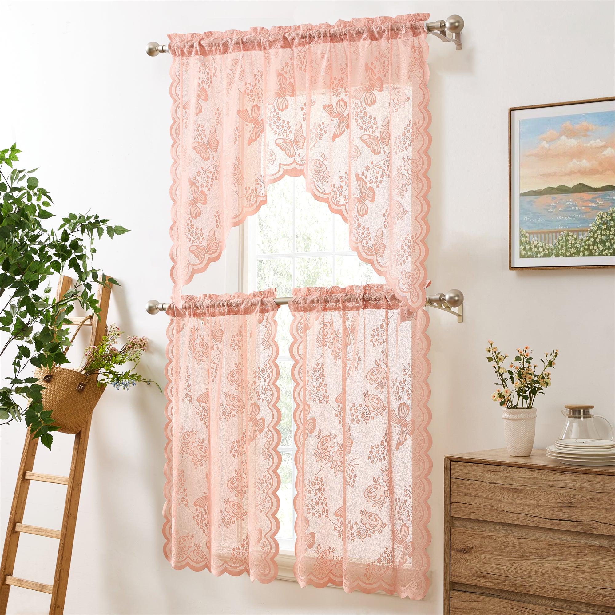 Butterfly Floral Lace Sheer 3 Piece Kitchen Curtains Set Tiers and Swag Set