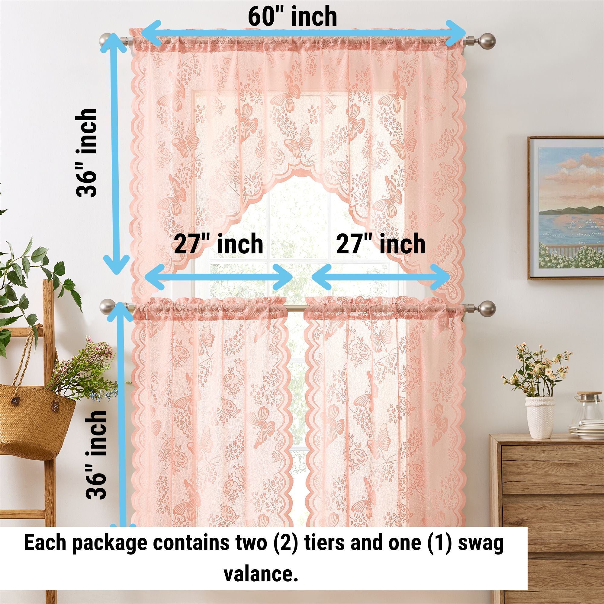 Butterfly Floral Lace Sheer 3 Piece Kitchen Curtains Set Tiers and Swag Set
