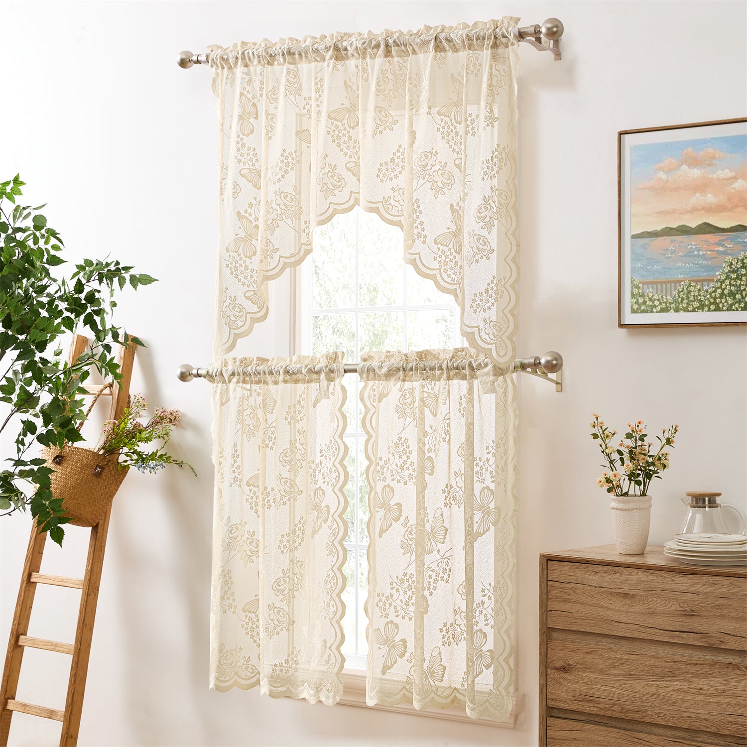 Butterfly Floral Lace Sheer 3 Piece Kitchen Curtains Set Tiers and Swag Set